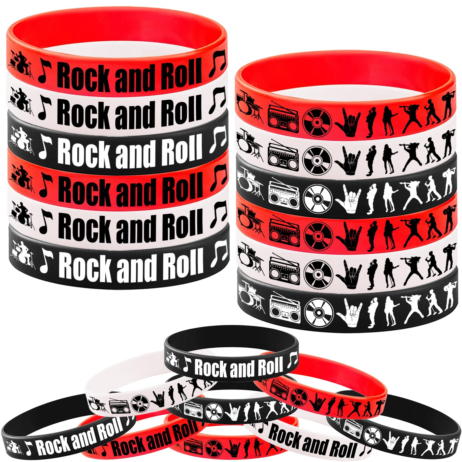 CupaPlay 24PCS Rock and Roll Rubber Bracelets -Rock and Roll Theme Party Supplies Decorations 80s 90s Party Music/Musical Birthday Baby Shower Silicone Wristbands Party Favors