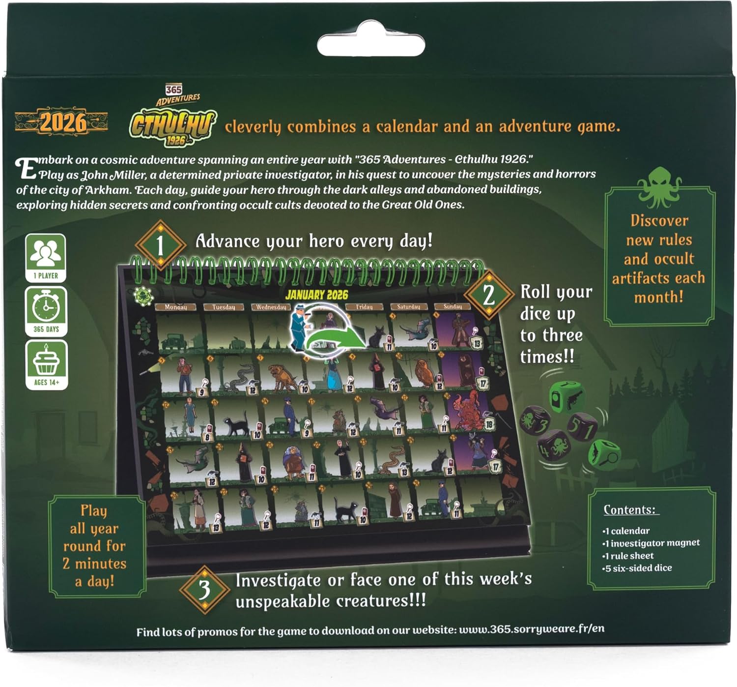 365 Adventures: Cthulu 1926 (2026) Calendar - Year-Long Solo Cosmic Horror Adventure Game with Daily Challenges & Investigations in Arkham for Kids & Adults, Ages 14+, 1+ Players, 15 Minute Playtime