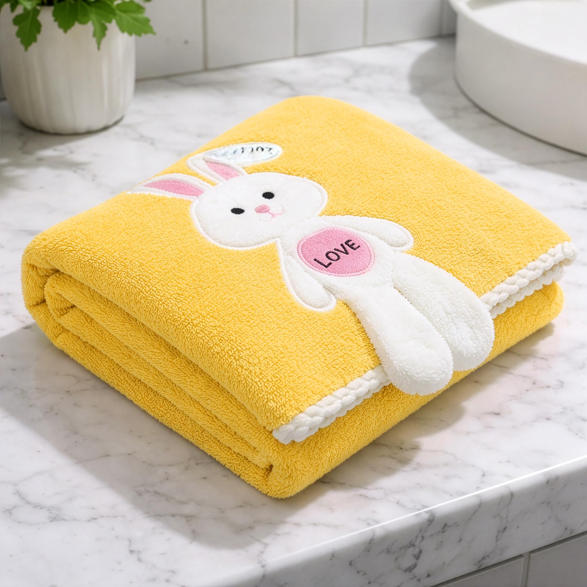 Story@Home Kids Bath Towel| Quick Dry Kids Towel | Soft Lightweight Baby Wrap for Beach | 300 GSM (120 X 70CM) Toddler Pool Towel for Boys & Girls |Kids Microfiber Towels for Bath - Yellow - Bunny-picture-21
