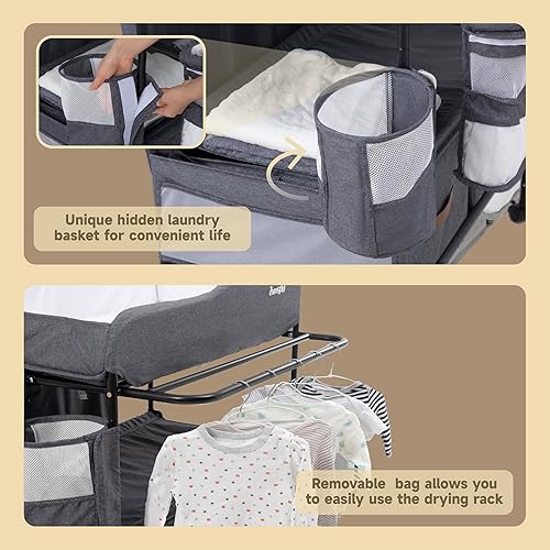 Miniatura 4 de Cambiador de bebé, versátil mesa cambiadora plegable portátil, estación de cambio de pañales impermeable con cesta de residuos, altura ajustable con