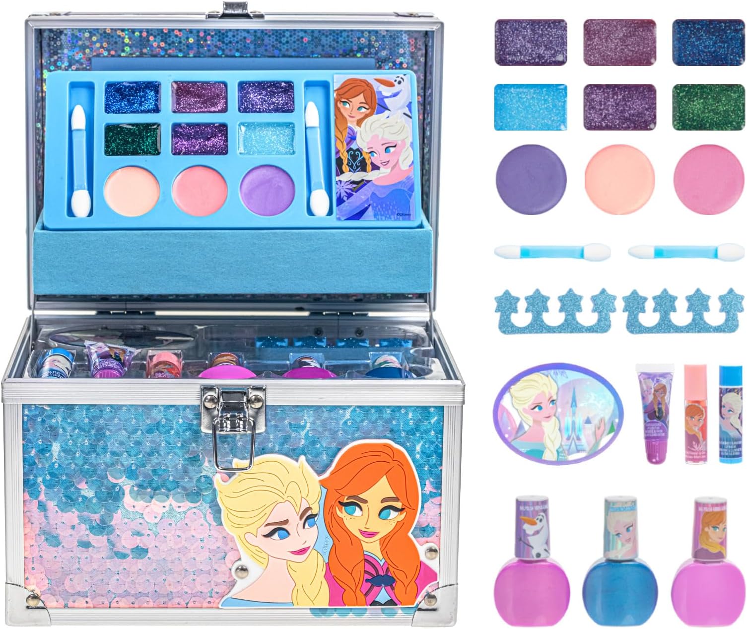 Disney Frozen Train Case Beauty Set, Kids Makeup Kit for Girls, Real Washable Makeup Set, Play Makeup, Party Favor, Birthday, Ages 3 4 5 6 7 8 9 10 11 12 by Townley Girl