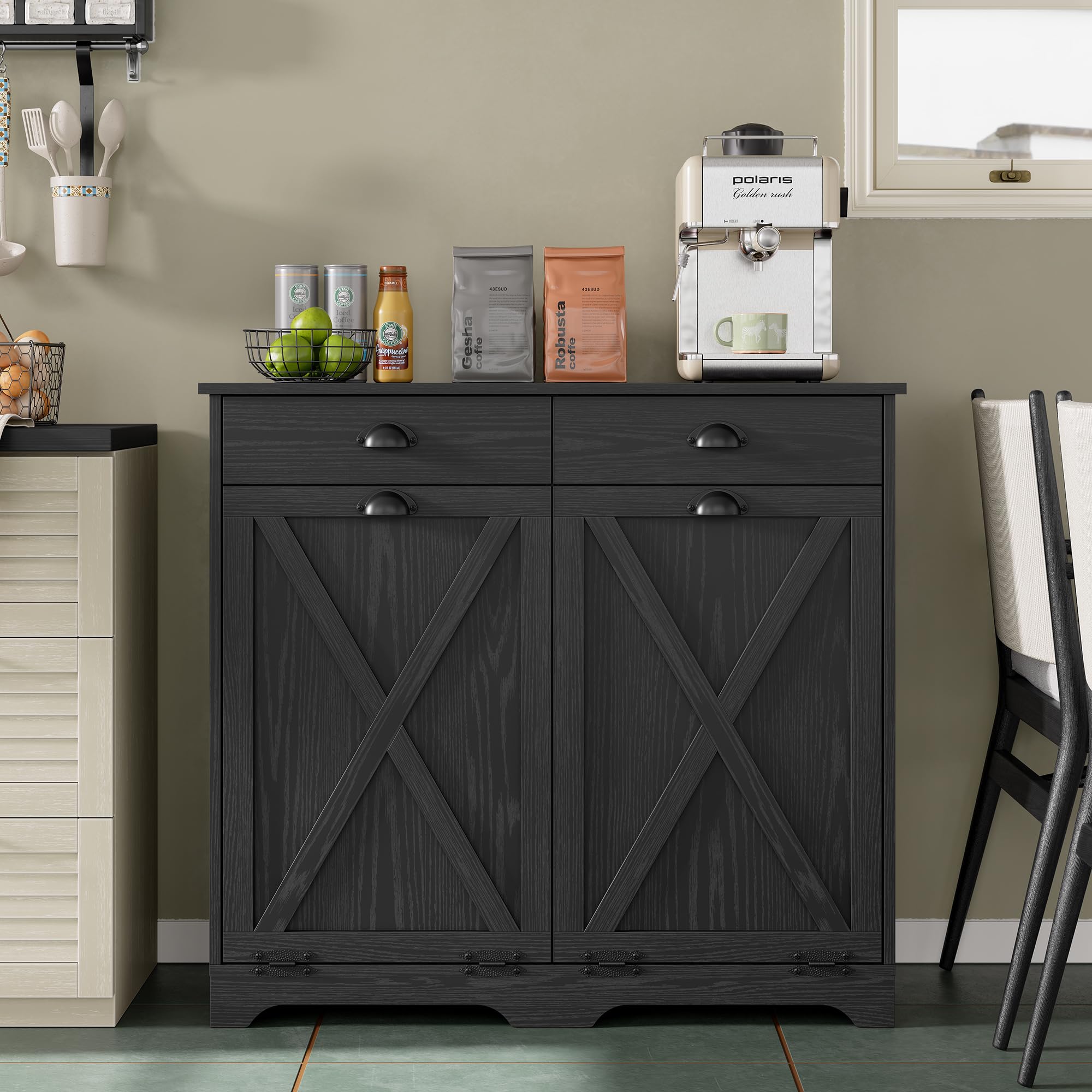 Furnihold Küchenschrank für Mülleime, Kücheninsel Küchenkommode mit Arbeitsplatte & 2 Schubladen, Holz-Farmhaus 2x37 L Mülleimer-Schrank für die Küche, Schwarz