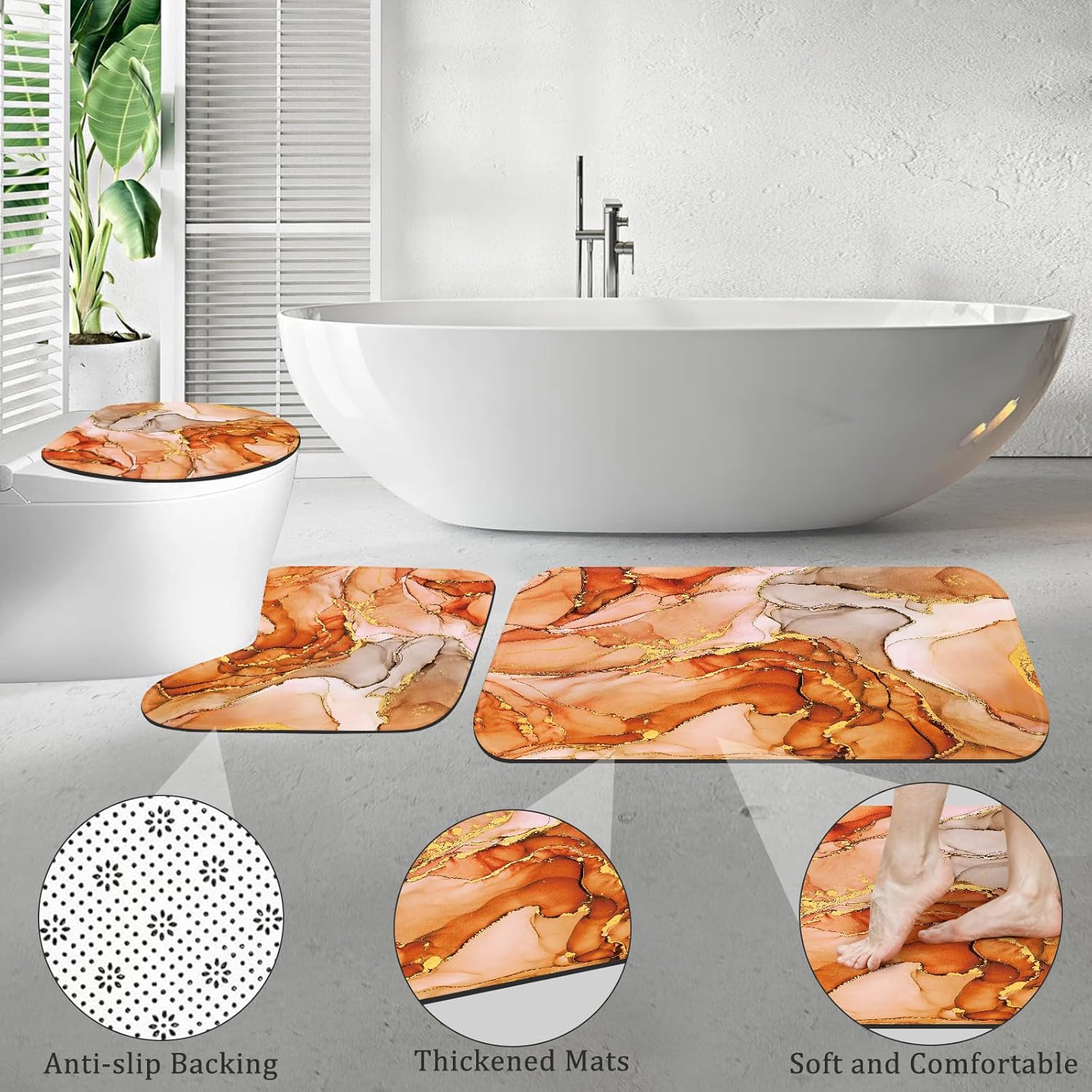 4PCS Burnt Orange Marble Shower Curtain Sets with Rugs, Abstract Bathroom Sets with Shower Curtain Rugs, Luxury Bathroom Curtains Shower Set with Toilet Lid Cover Modern for Bathroom Decor