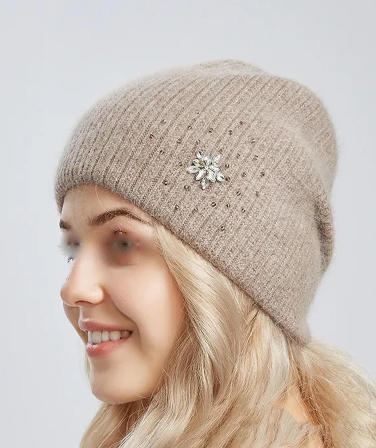 Women's Thick Warm Double Layer Wool Knitted Beanie Hat with Rhinestone Fashion Casual Slouchy Winter Beanies Hats