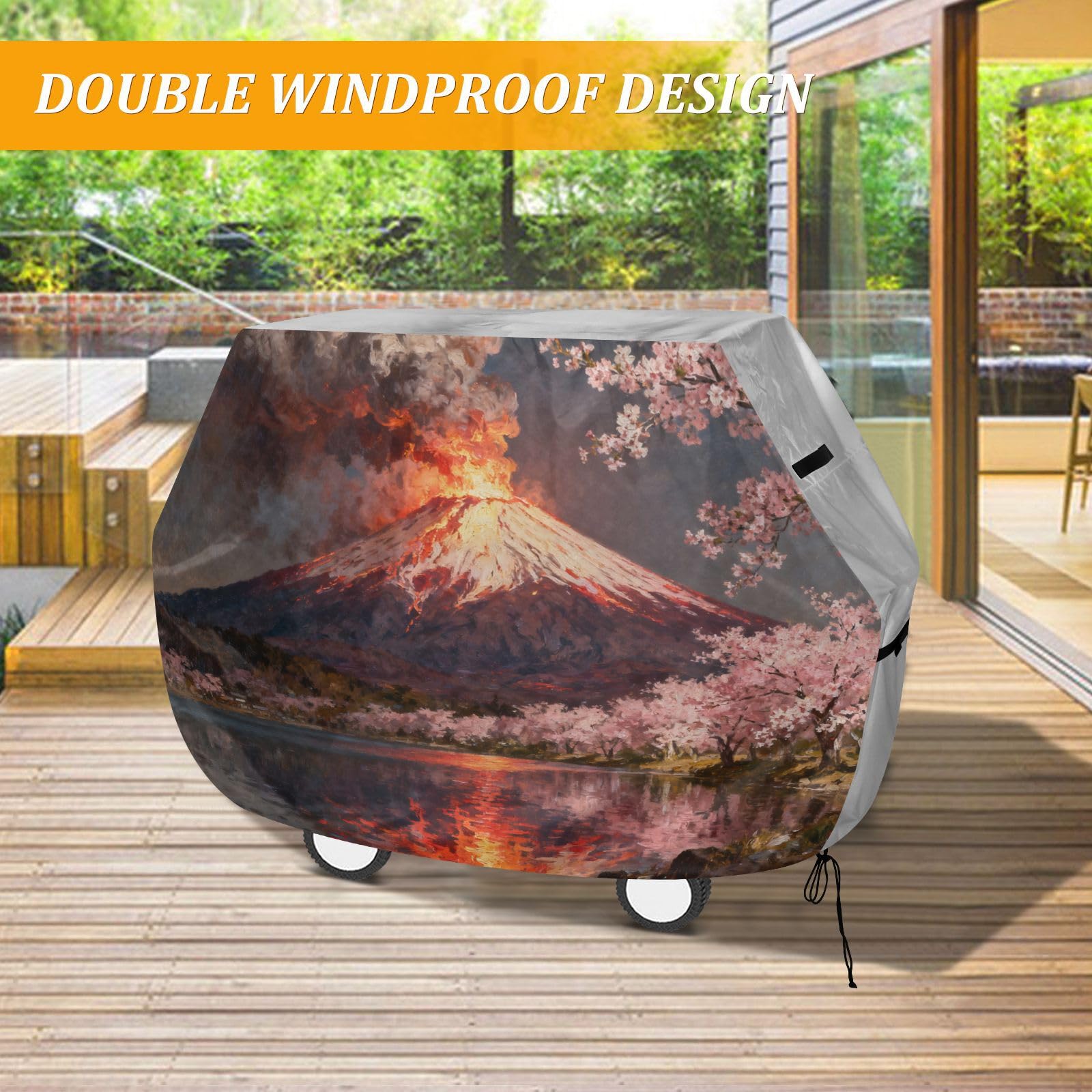 Mount Fuji Erupting BBQ Grill gazowy pokrowiec 158 cm wodoodporny wytrzymały odporny na rozdarcie odporny na blaknięcie materiał pokrowiec na grilla z regulowanym sznurkiem dla kurzu i wiatru