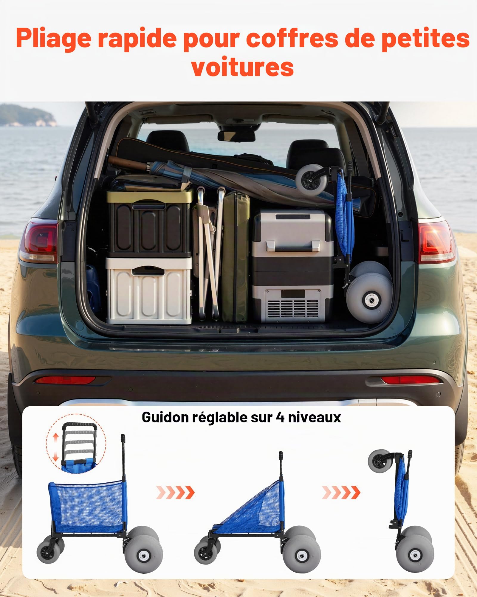 VEVOR Chariot de Plage Tout-Terrain, Chariot de Transport Pliable Charge 75 kg, Charette pour Camping Pêche Jardin Extérieur, avec Roues Ballons de 30 cm, Sac de Rangement et Hauteur Réglable