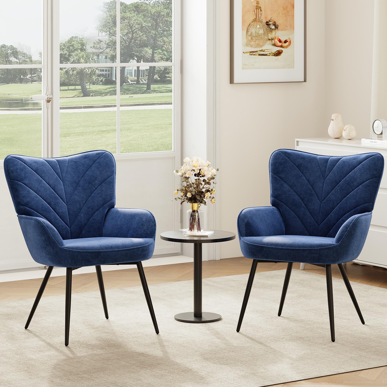 COLAMY Wohnzimmer Sessel 2er Set, Samtbezogener Relaxsessel mit hoher Rückenlehne, Gepolsterter Komfortsessel mit Wingback-Design, Lounge Chair mit Holzbeinen für Wohnzimmer, Leseecke, Blau
