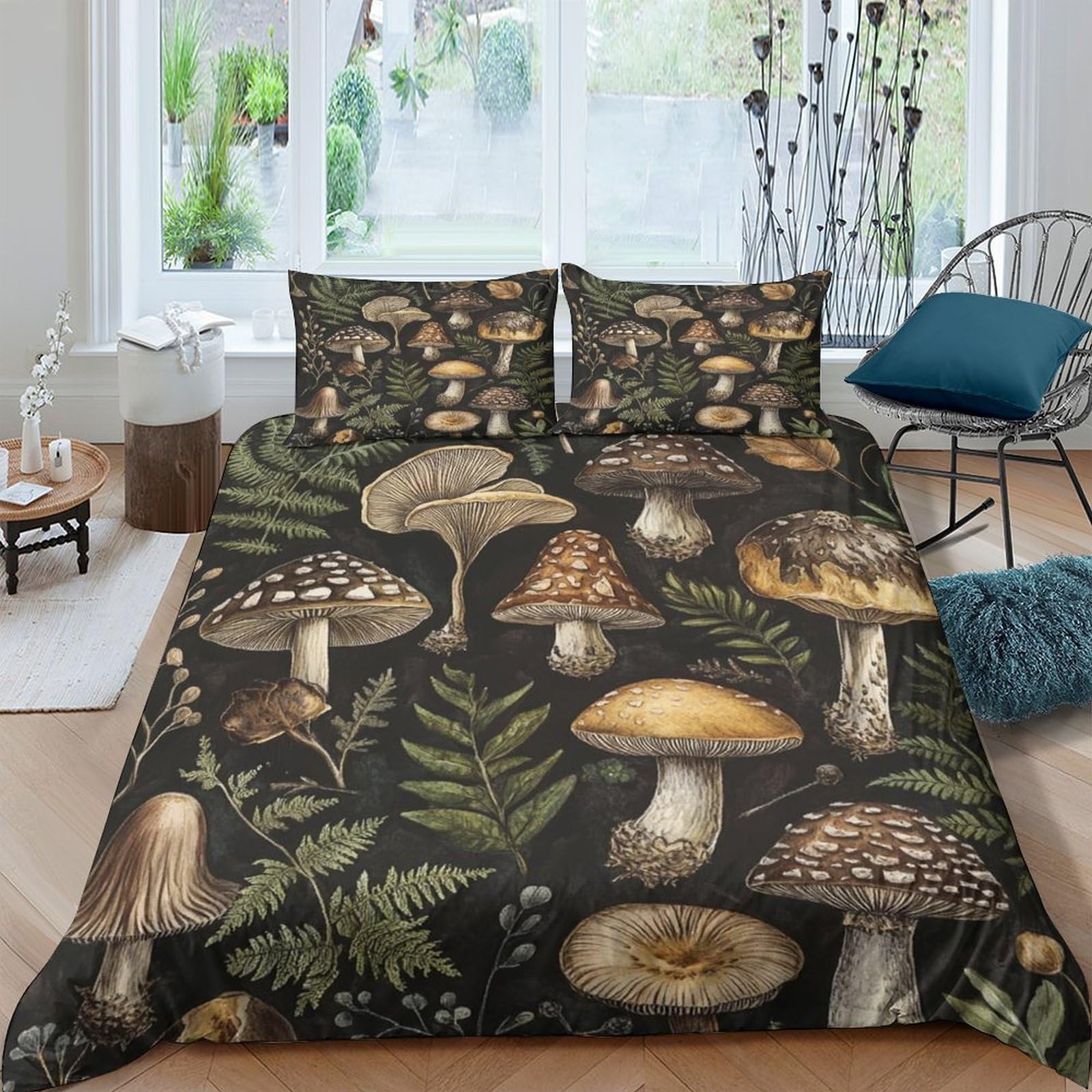 Ctjqhvkz Style-3 3D Printed Vintage Mushroom Fitted Sheet Microfiber Anti-Slip Fern Leaves Mattress Cover For Bedroom Decor Machine Washable Single（135X200cm）