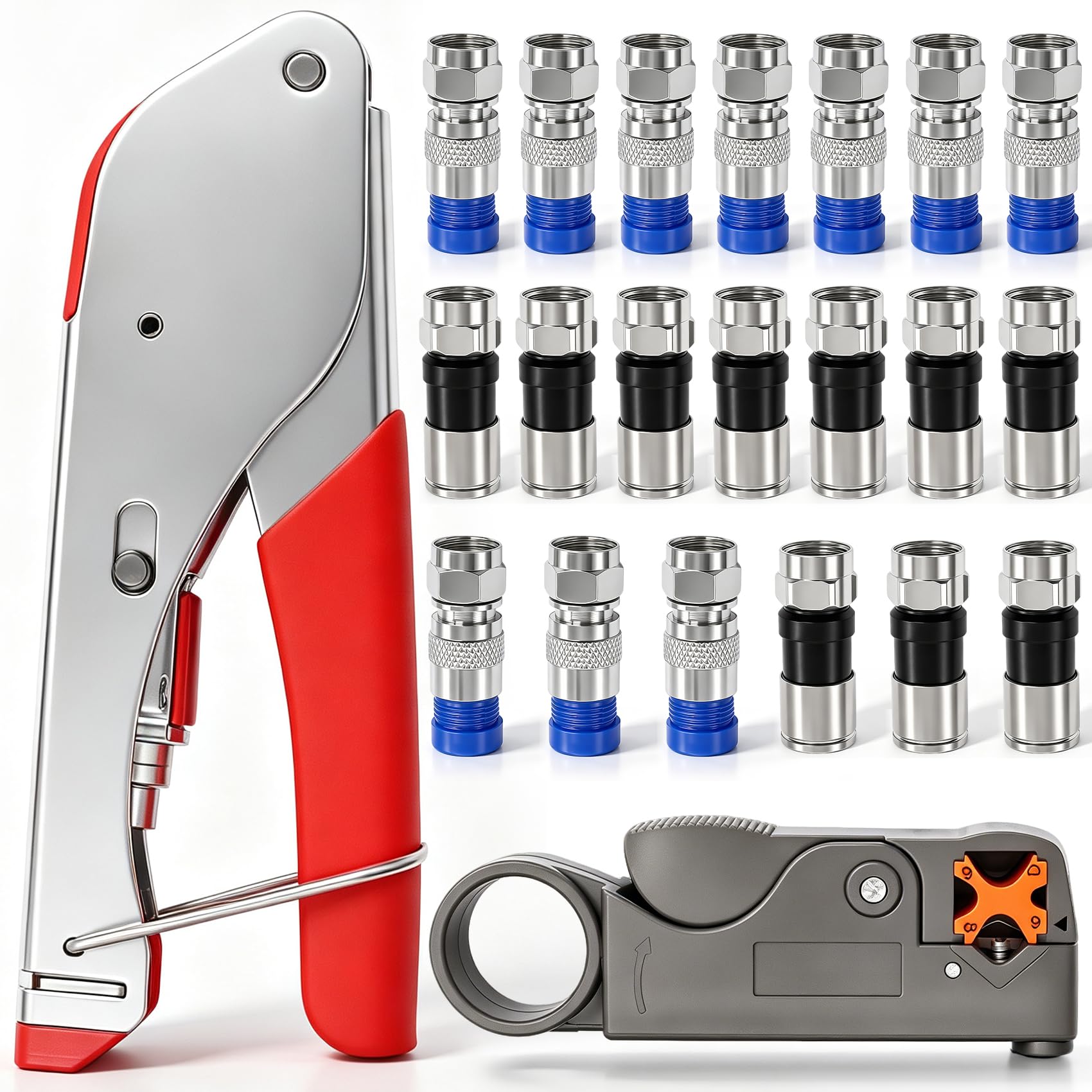 Taiss Coax Cable Crimper Tool Kit with 20 PCS F Style RG59 RG6 Compression connectors,Coaxial Cable Stripper,Coaxial Cable Compression Tool Kit,coaxial cable crimper