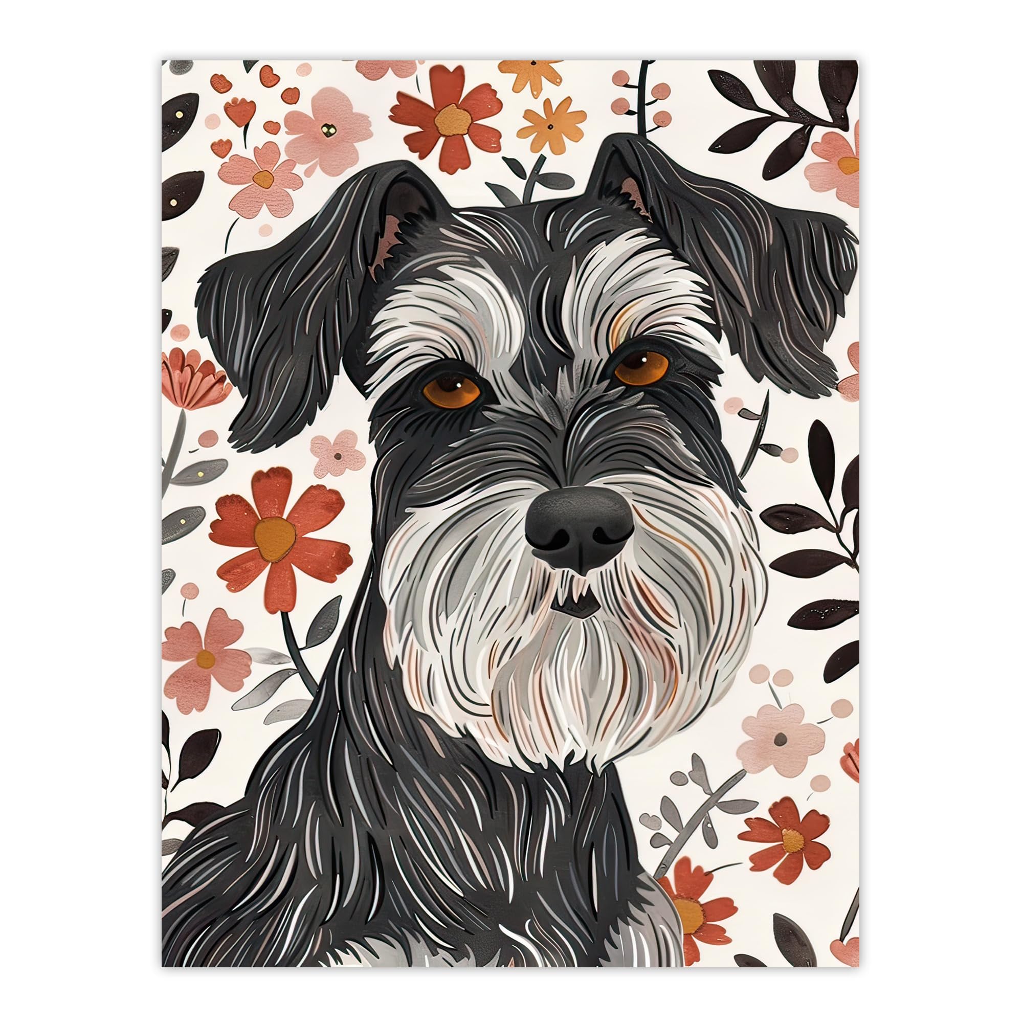 Artery8 Miniature Schnauzer with Daisies Watercolour Wall Art Print - W18" x H24" - Dark Grey