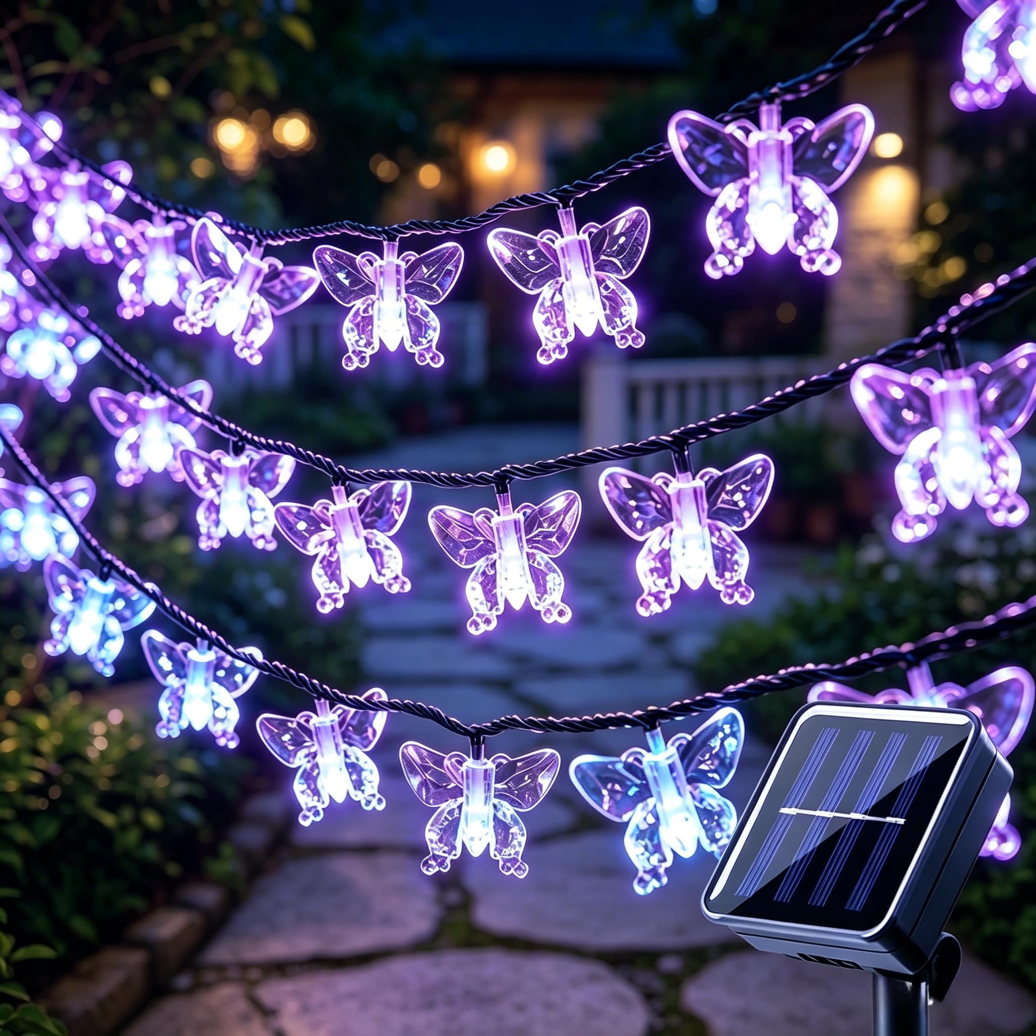 VEROHY Butterfly String Lights Outdoor Solar Powered 30 LED 6.5M，Purple