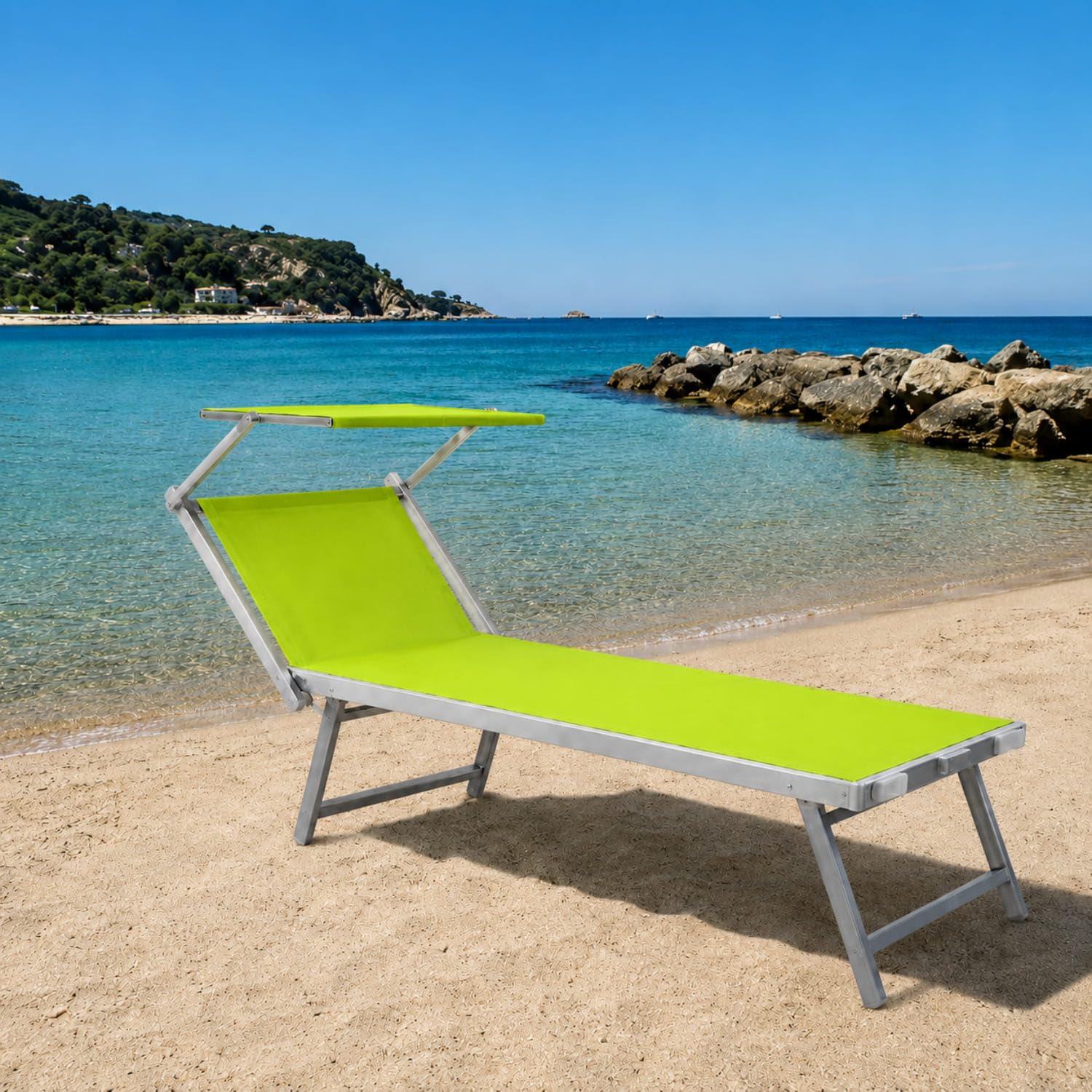 Lettino Prendisole Pieghevole Professionale In Alluminio E Tessuto Textilene Tettuccio Orientabile Tettino Parasole Sdraio Prendi Sole Mare Spiaggia Piscina Giardino Verde Fluo 182 x 60 x 38 cm