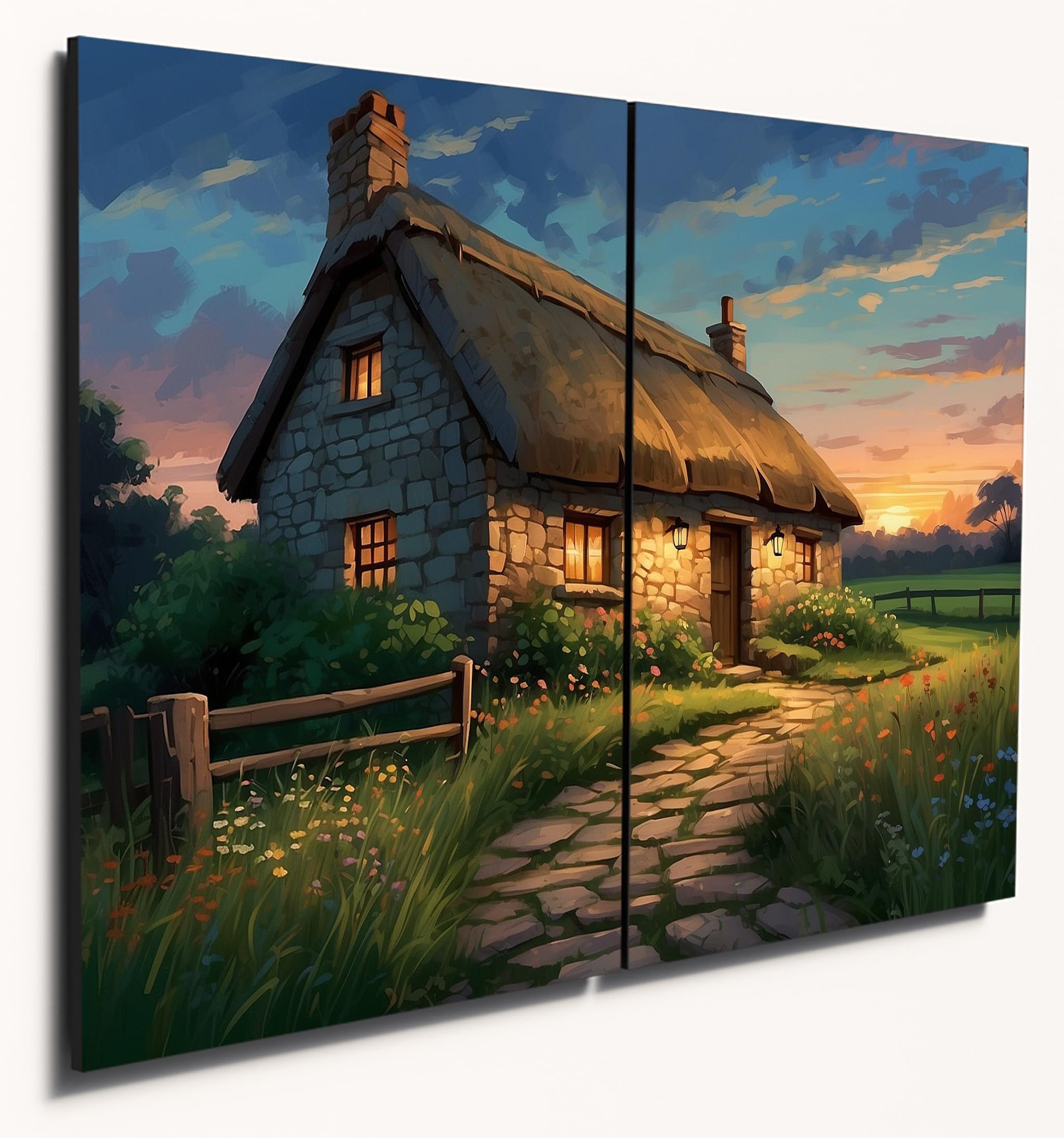 The Plum Penguin Twilight Cottage Scene Wall Art - A4 Wood MDF Pair - Rustic Countryside Home Decor Canvas Alternative 40 x 30cm