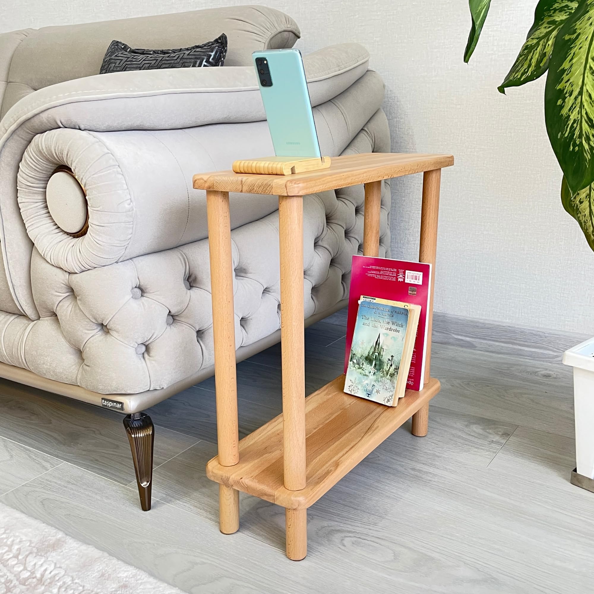 Furpinea Handmade Narrow Solid Wood Side Table for Couch Living Room, Slim End Table 2 Tier with Open Shelf Nightstand for Bedrooms, Eating Snack, TV