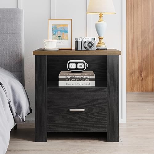 Miniatura 7 de 4ever2buy Mesita de noche de granja con cajón de almacenamiento, mesita de noche negra con mango de metal y estante de madera abierto, mesa auxiliar