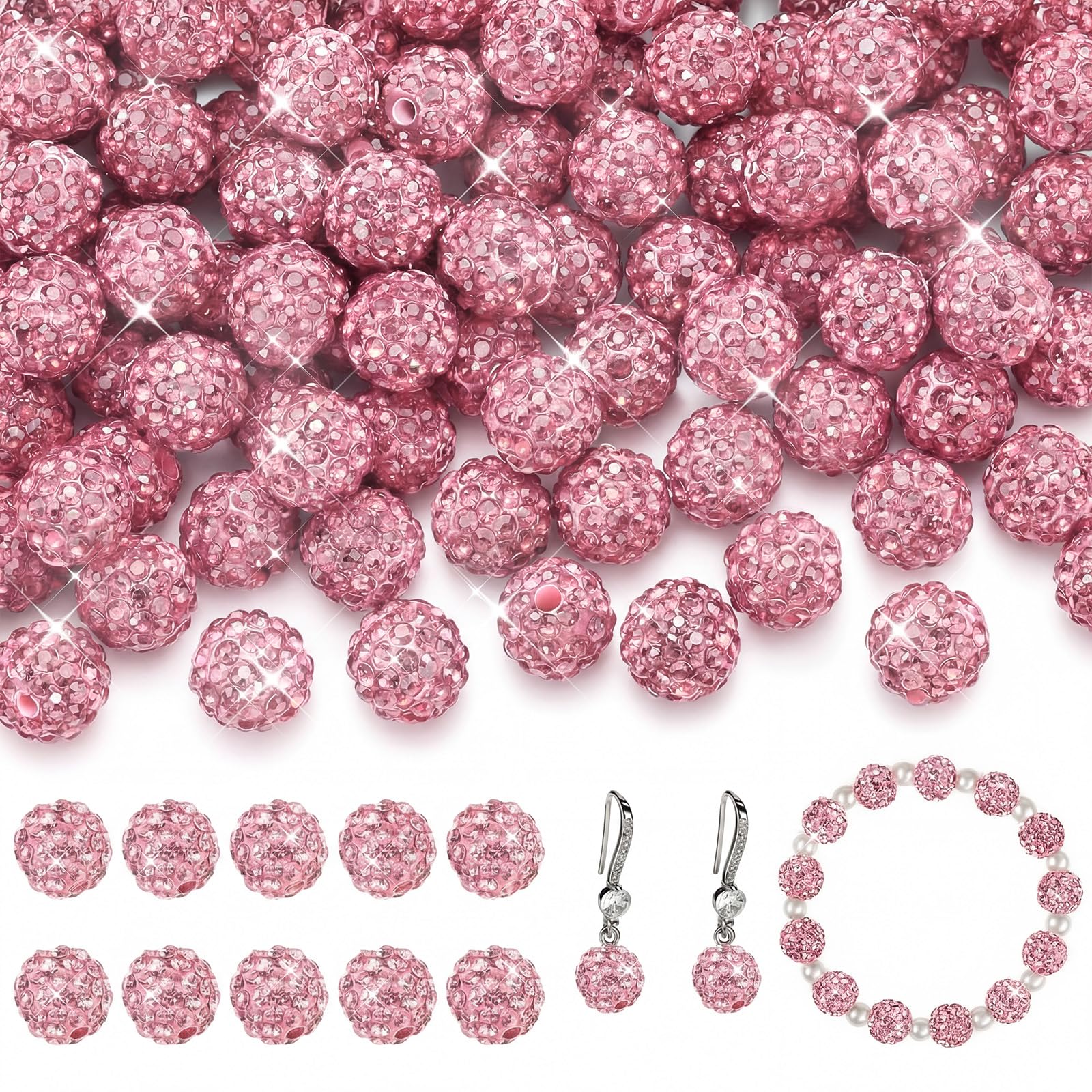 120 Perles rondes en argile polymère strass rose rouge 10mm pour bijoux