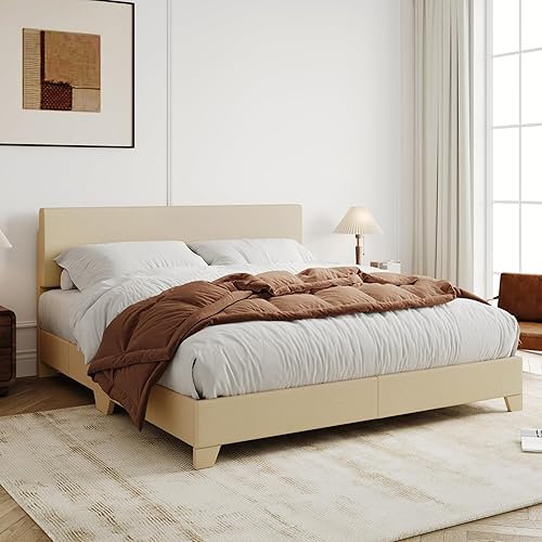 Allewie Base de cama tamaño matrimonial con cabecera ajustable, cama tapizada con plataforma y listones de madera, base de colchón resistente, no