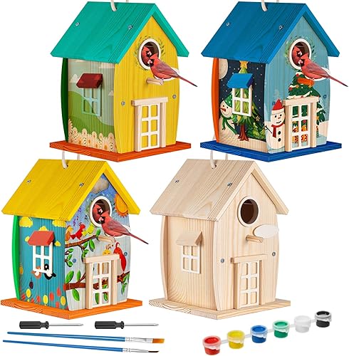 Liliful 4 Pack Wooden Bird House Kits, Build It Yourself Woodworking Kit for Adult Kids 4-8, 8-12 with Paint and Paintbrushes, Solid Weather Proof Natural Pine Wood, Pre Drilled (Rural Style)