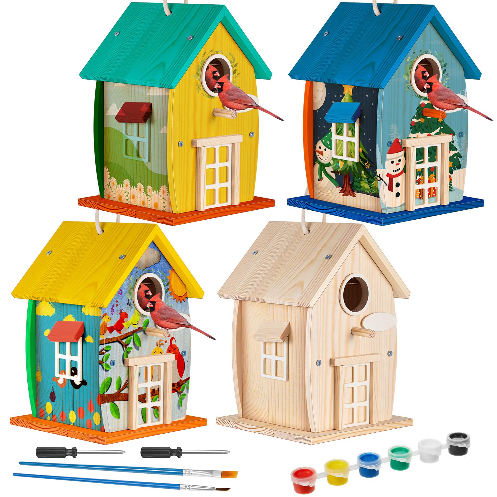 Liliful 4 Pack Wooden Bird House Kits for Kids, Rural Style