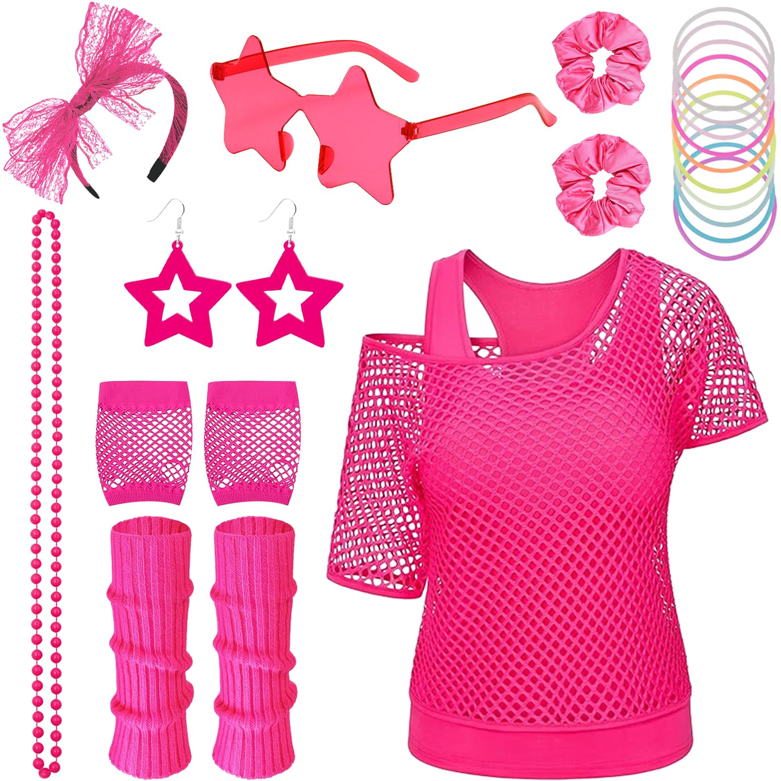 Saier tbo 20Pcs 80s Costume Accessories Set for Women, 1980s Fancy Dress Outfit Kit with Fishnet Top Tank Top Leg Warmers Fishnet Gloves for Girls 80s Theme Party Disco Party Cosplay Dress Up