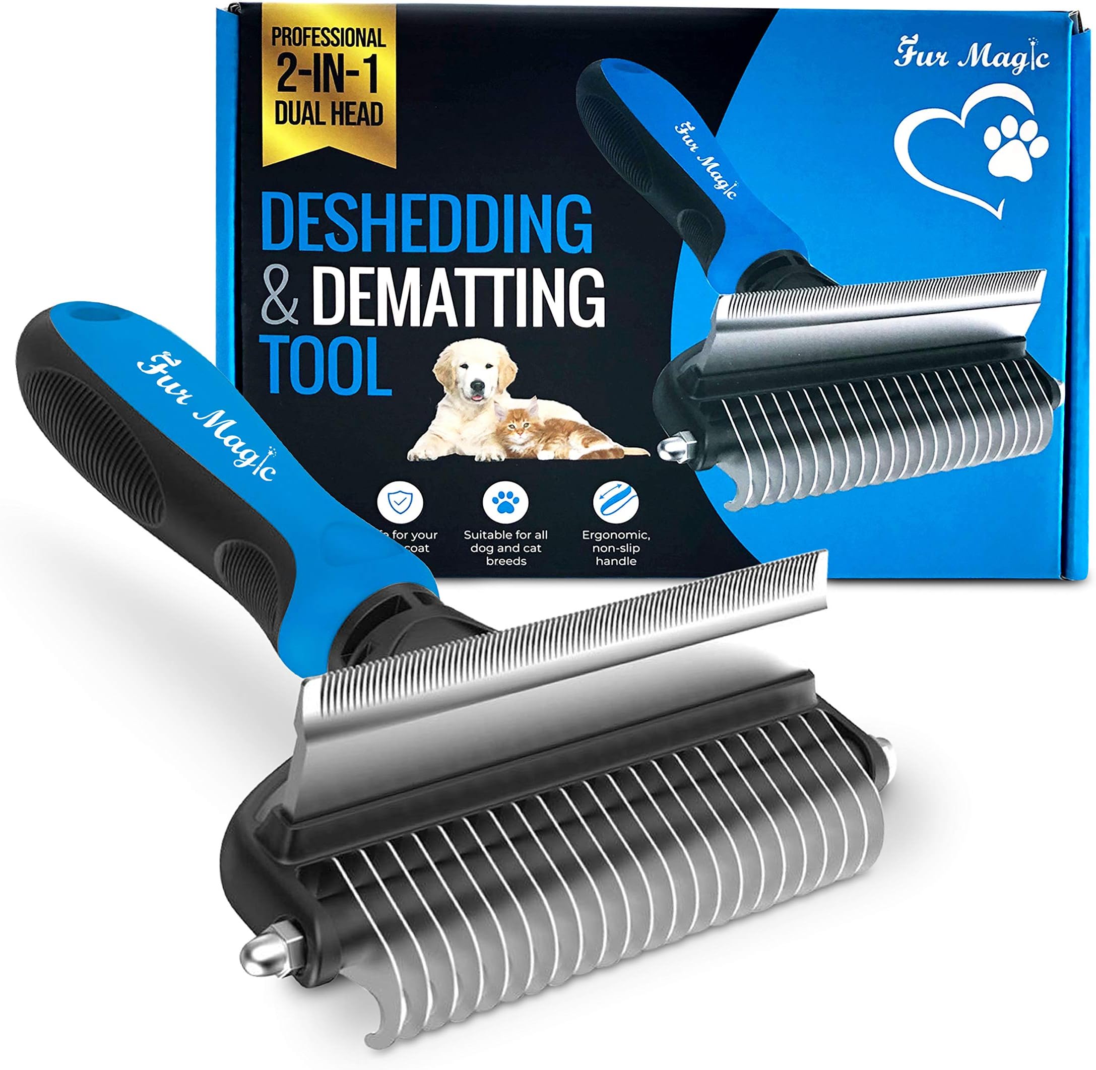 Fur Magic Deshedding and Dematting Tool, 2 Sided Pet Grooming Brush for Deshedding, Mats and Tangles Removing for Dogs and Cats with Long, Medium and Short Hair, Blue