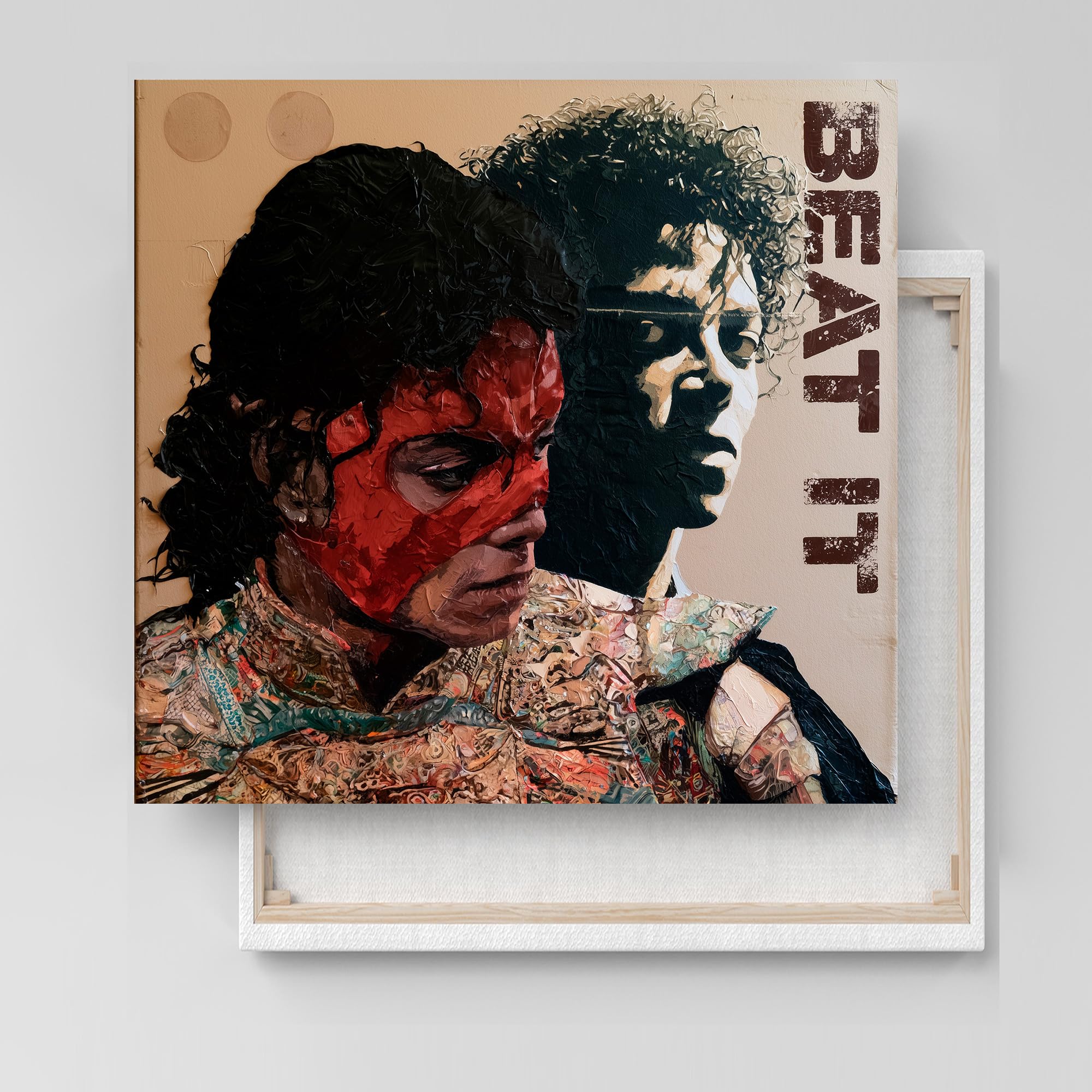 Michael Pop Art Impression sur toile « Beat It » - Musique moderne - Style street art et pastel - Poster cool King of Pop avec masque rouge - Décoration pour salon, salle de musique et studio - 80 x
