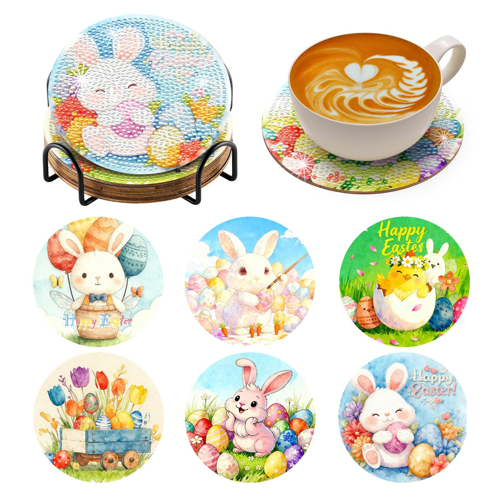 BNG Easter Diamond Paintings Coasters Kits Set with Holder, 6Pcs Easter Eggs Art DIY Crafts Coasters for Adults, Art Painting Kits for Women, Beginners, Diamond Craft Supplies