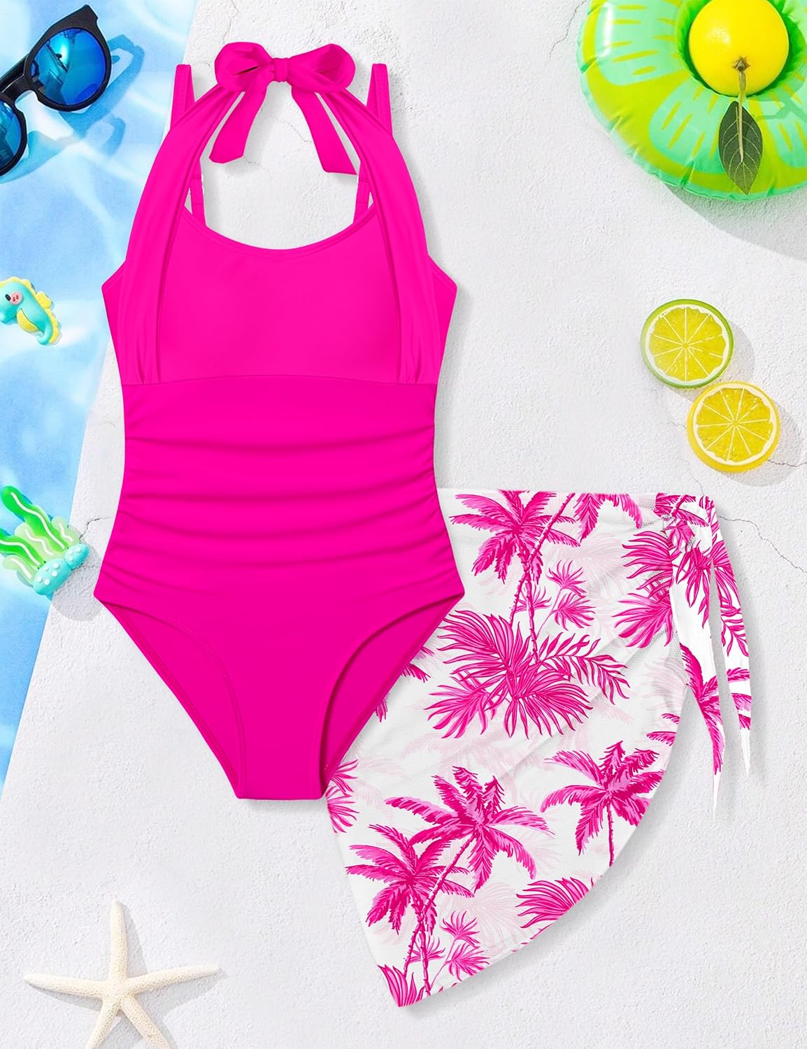 Girls Swimsuit Halter Neck One Piece Bathing Suit with Tropical Printed Cover Up Skirt Girls' Swimwear Set 7-18Y - Image 7