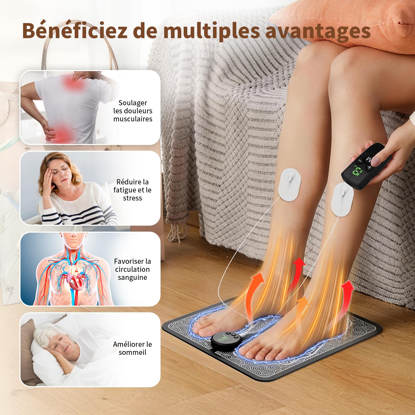 Masseur Plantaire EMS, Tapis de Massage des Pieds pour la Circulation Sanguine et le Soulagement de la Douleur, 12 Modes et 19 Niveaux d'Intensité pour une Activation Musculaire Profonde