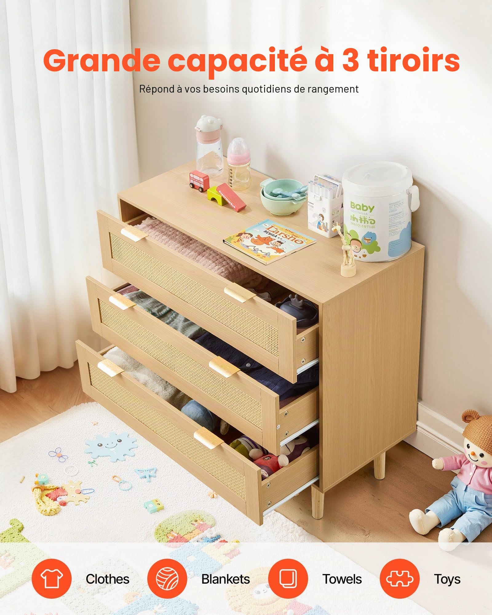 VEVOR Commode en rotin à 3 tiroirs, meuble de rangement avec poignées en métal et pieds en bois, organisateur de vêtements et rangement bohème en bois, armoire pour chambre à coucher, salon ou couloir