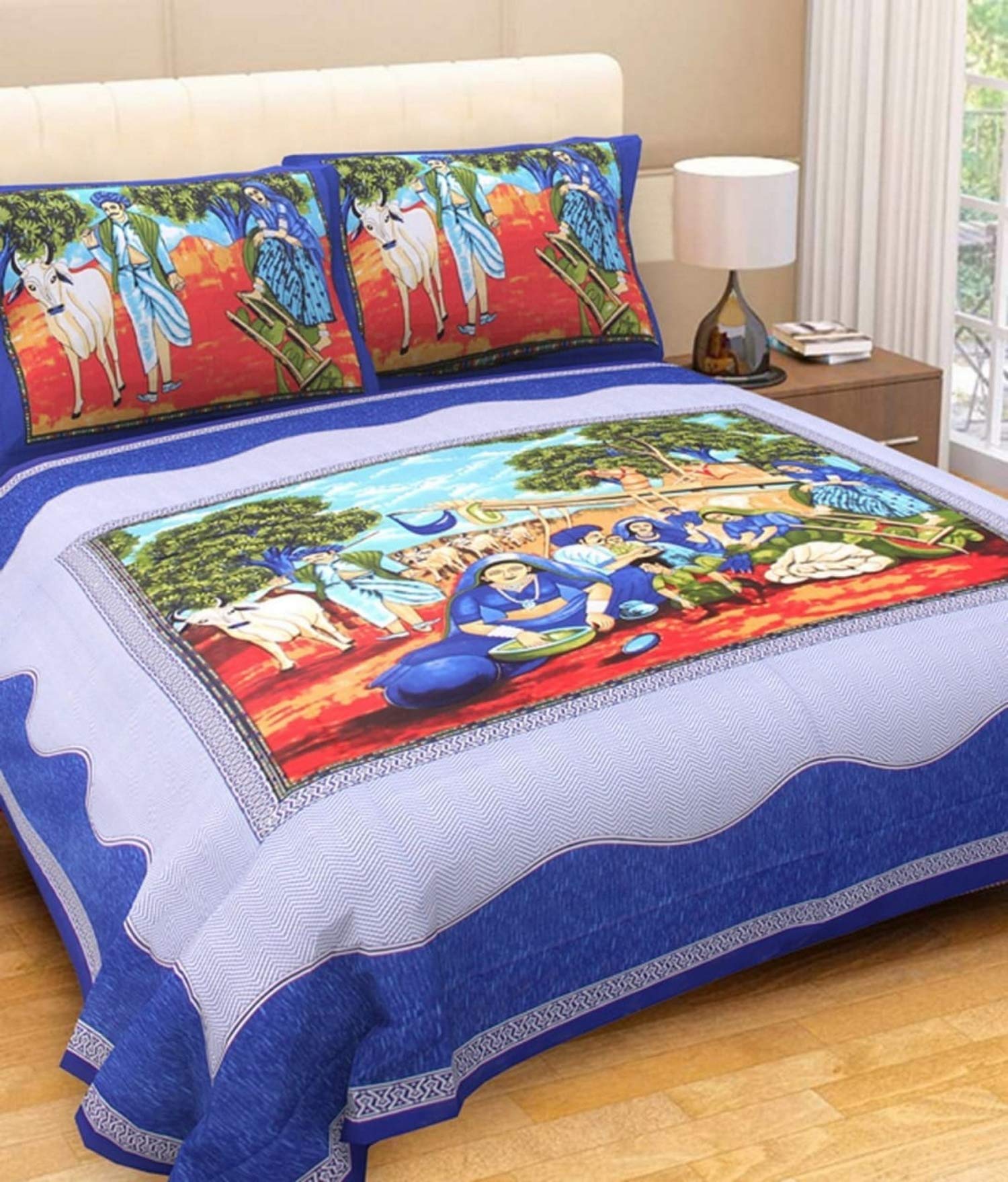 Couvre-lit imprimé village en coton bleu pour une ambiance de chambre apaisante