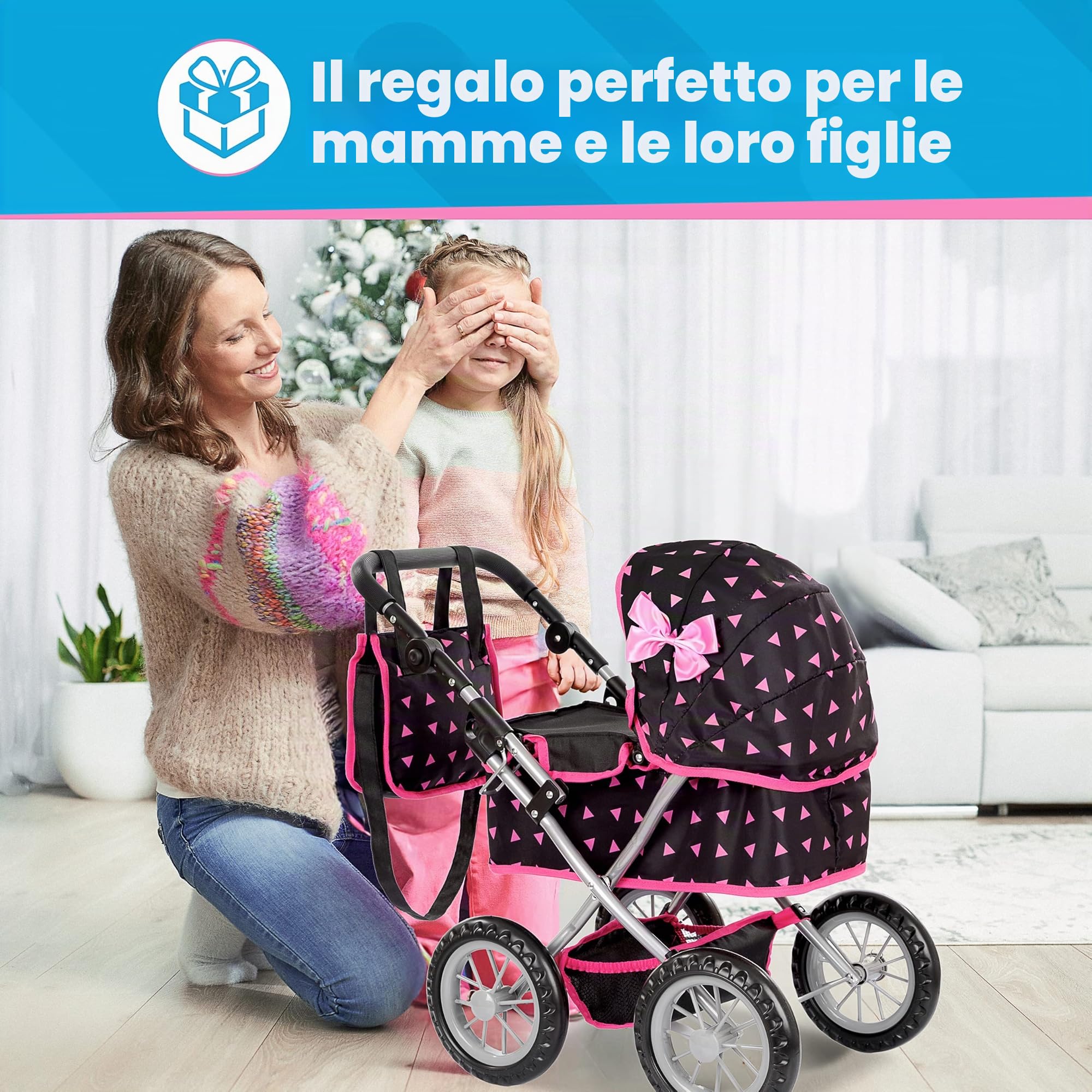 Kinderplay Carrozzina per Bambole con Gondola – Manico Regolabile 33–63 cm – Adatta a Bambole fino a 41 cm – Ruote in Schiuma Silenziose – Passeggino Giocattolo 3+
