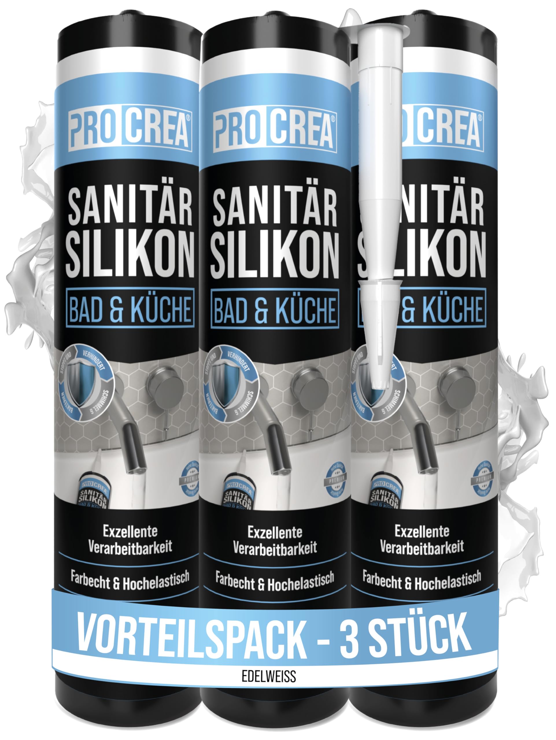 PROCREA® 3x Premium Sanitärsilikon "Bad & Küche" (Edelweiß) [mit Anti-Schimmel-Formel] Dichtmasse für innen & außen - Universal Silikon in Profi-Qualität (weiss) - Made In Germany