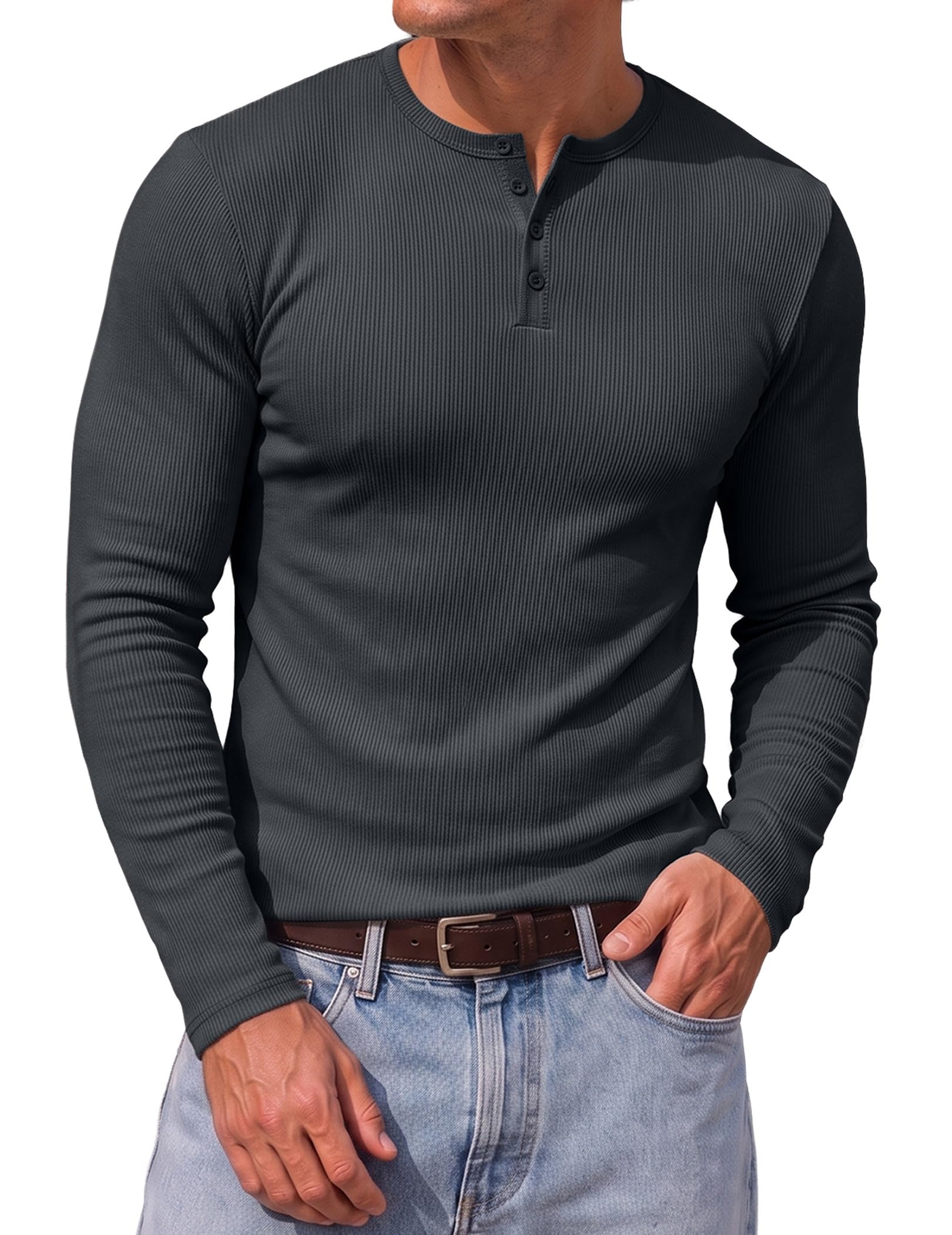 JMIERR Men's Ribbed Henley Shirt High Stretch Long Sleeve | Soft High Stretch Ribbed Fabric, Slim Fit, 4-Button V Neck Henley, Long Sleeves, Curved