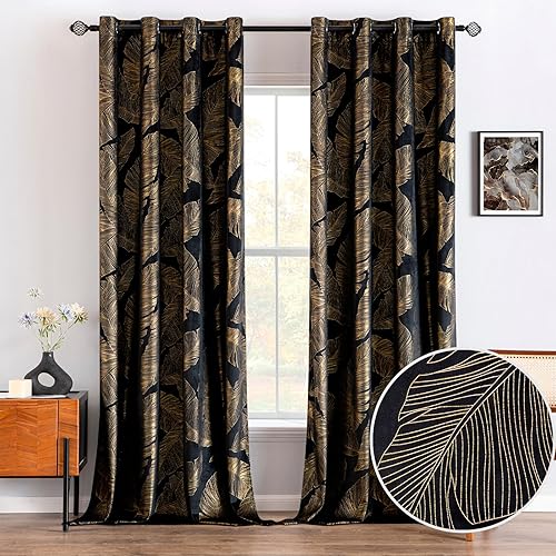 MIULEE Cortinas de terciopelo de lujo de 84 pulgadas de largo, juego de 2 paneles de cortinas estampadas con patrón de hojas doradas para