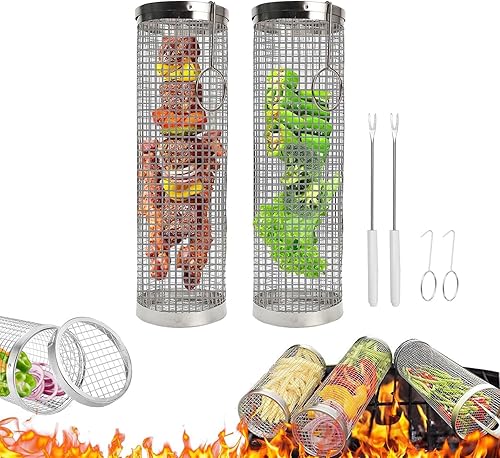 Cesta para parrilla, 2 unidades, cestas rodantes para parrilla, accesorios para parrilla al aire libre, tubo de red de barbacoa redondo, acero