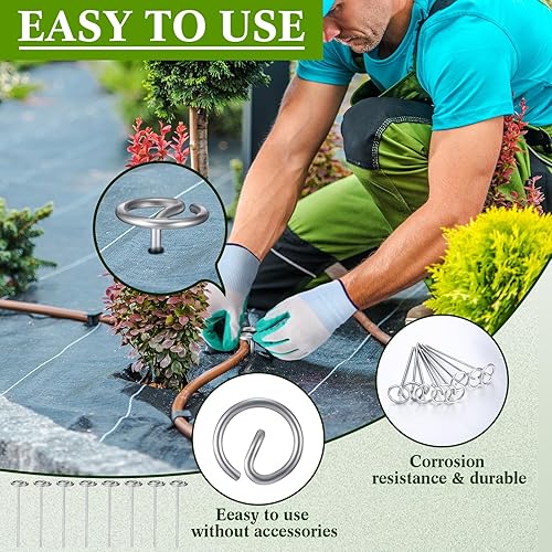 Miniatura 7 de Tandefio 102 grapas circulares para paisaje, con levantador de uñas y guantes de jardinería, grapas de jardín galvanizadas de calibre 8 para