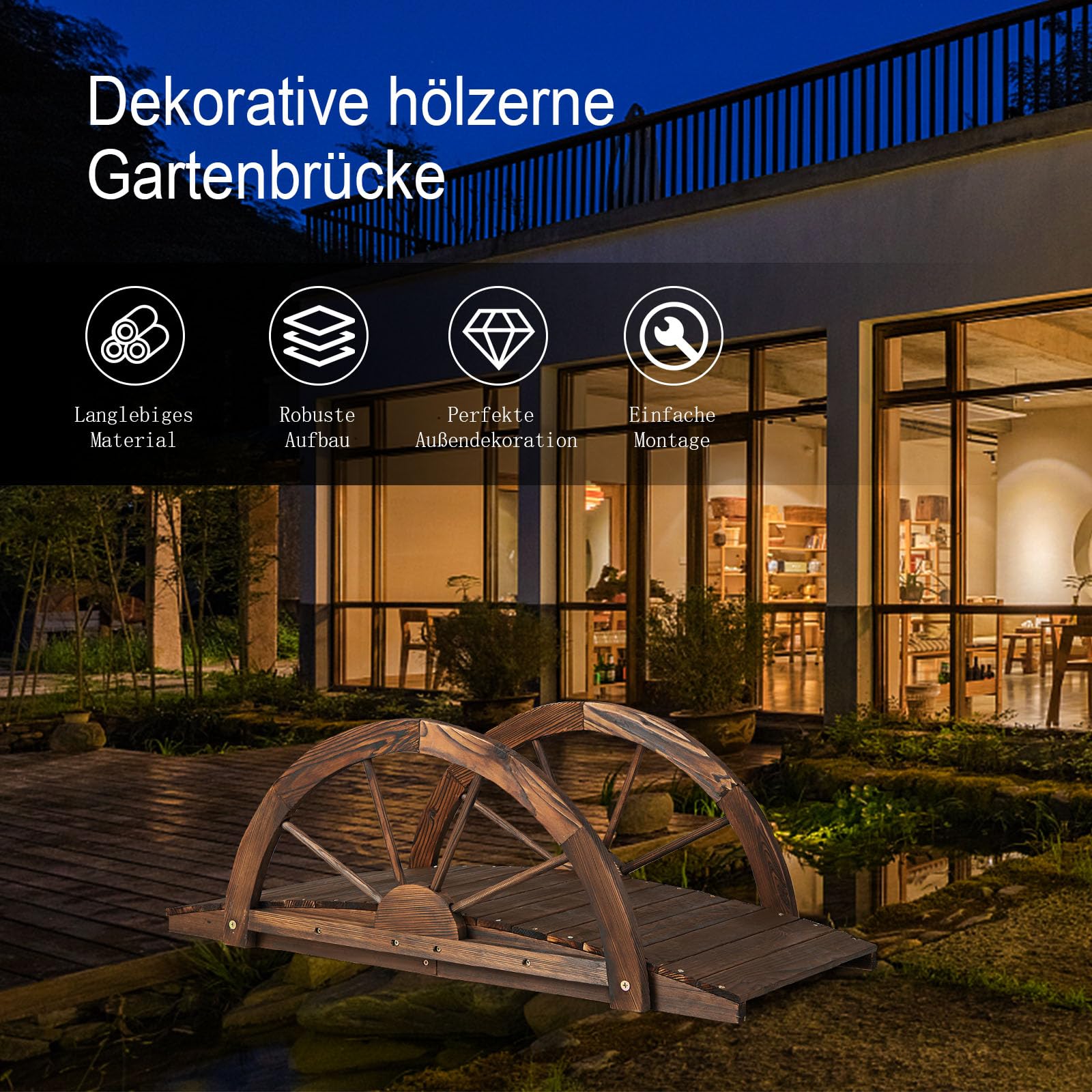 RELAX4LIFE Holzbrücke mit Halbradgeländer, Gartenbrücke Tannenholz, Teichbrücke bis 75 kg belastbar, Dekobrücke für Garten Teich Terrasse Hof, 101 x 48,5 x 38 cm, Dunkelbraun