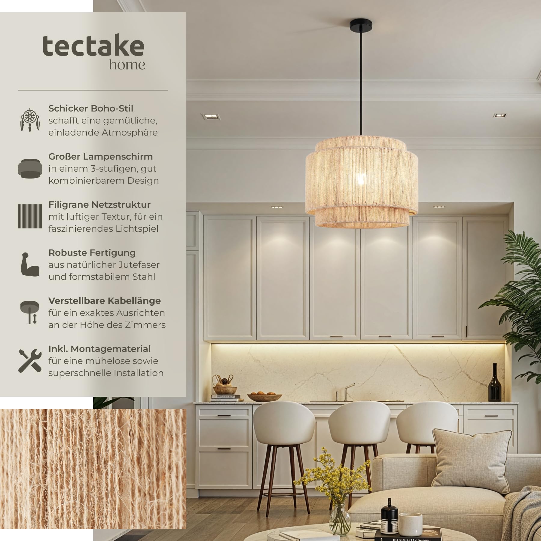 tectake® Hängelampe im Boho Stil, Pendelleuchte aus Jute, Vintage Lampenschirm Hängelampe, Ø 46 cm, Pendelleuchte Esstisch, Küchenlampe, Deckenleuchte Schlafzimmer, E27 Lampe Hängend, Hängeleuchte