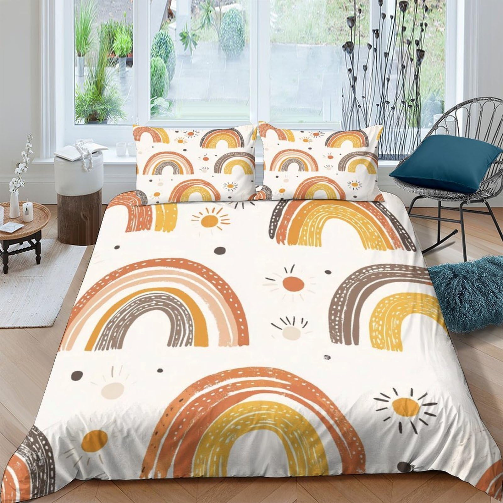 Ctjqhvkz Style-3 3D Printed Boho Rainbow Fitted Sheet Microfiber Soft Orange Sun Mattress Cover For Bedroom Guest Room Decor Single（135X200cm）