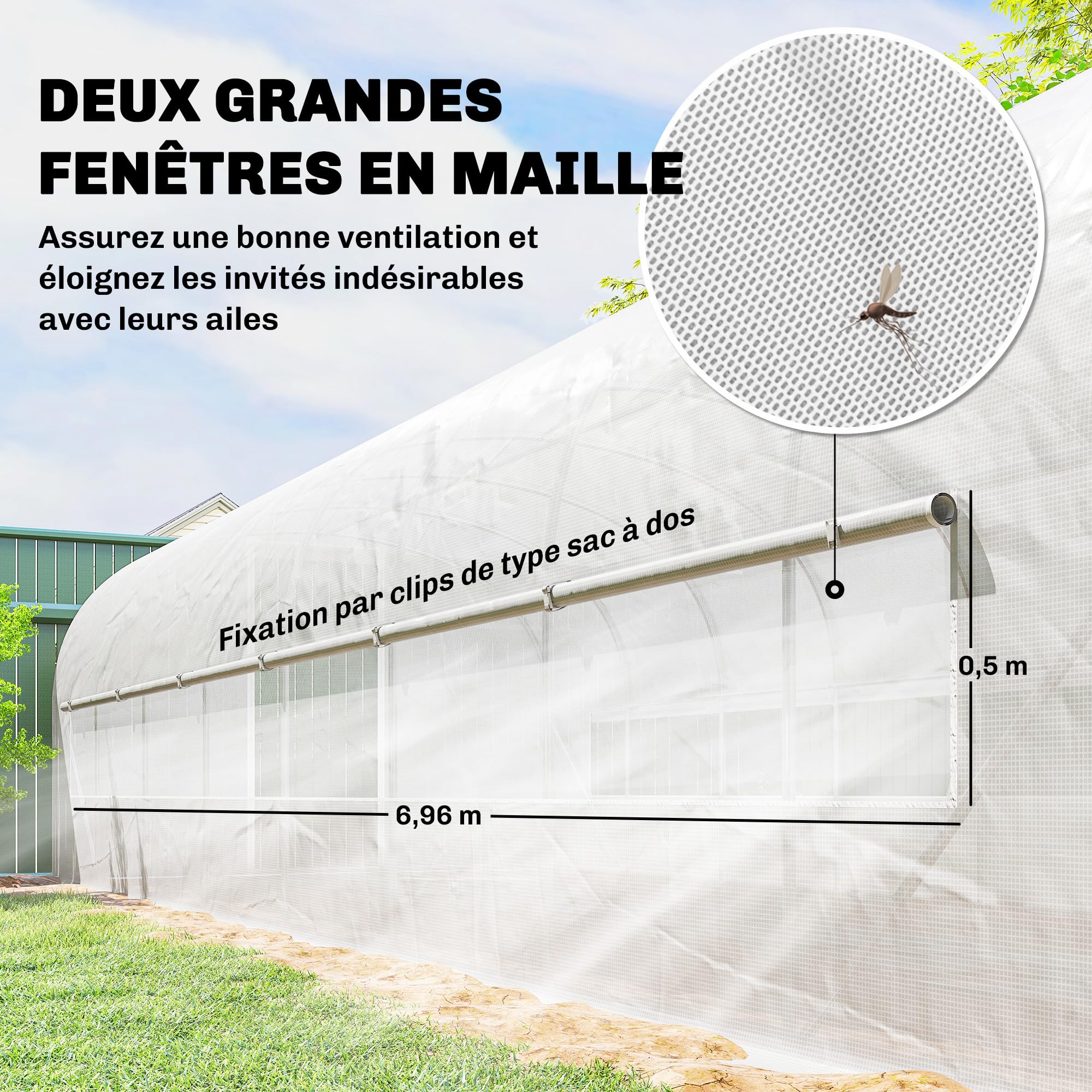 Outsunny Serre Tunnel de Jardin 24m², Serre de Jardin Tunnel 295x798x198cm avec Cadre en Acier galvanisé, Portes et 2 Grandes fenêtres, bâche PE Haute densité 140 g/m² prolongée de 20 cm, Blanc
