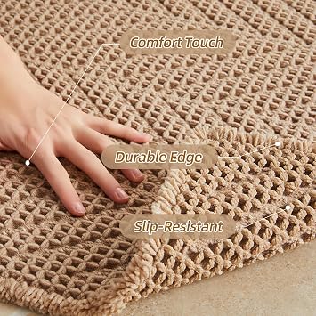 Sunfly Boho Bathroom Rug, Herringbone Waffle Bath Mat Non-Slip Washable Super Absorbent Quick Dry, Small Farmhouse Bath Mat for Bathroom Floor Decor 16*24 Khaki