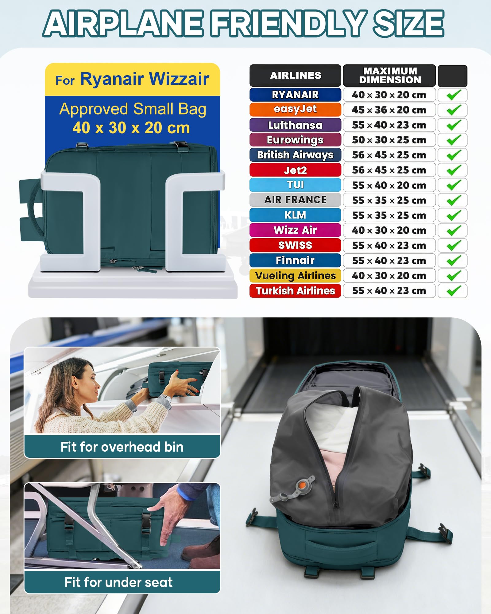 SZLX Zaino Ryanair 40x30x20 Sottovuoto con pompa Zaino da Viaggio 40x30x20 | Bagaglio a Mano 40x30x20 Wizzair Donna Uomo Borsa da Cabina per Easyjet Adatto a Laptop da 14 Pollici Impermeabile per Lavoro