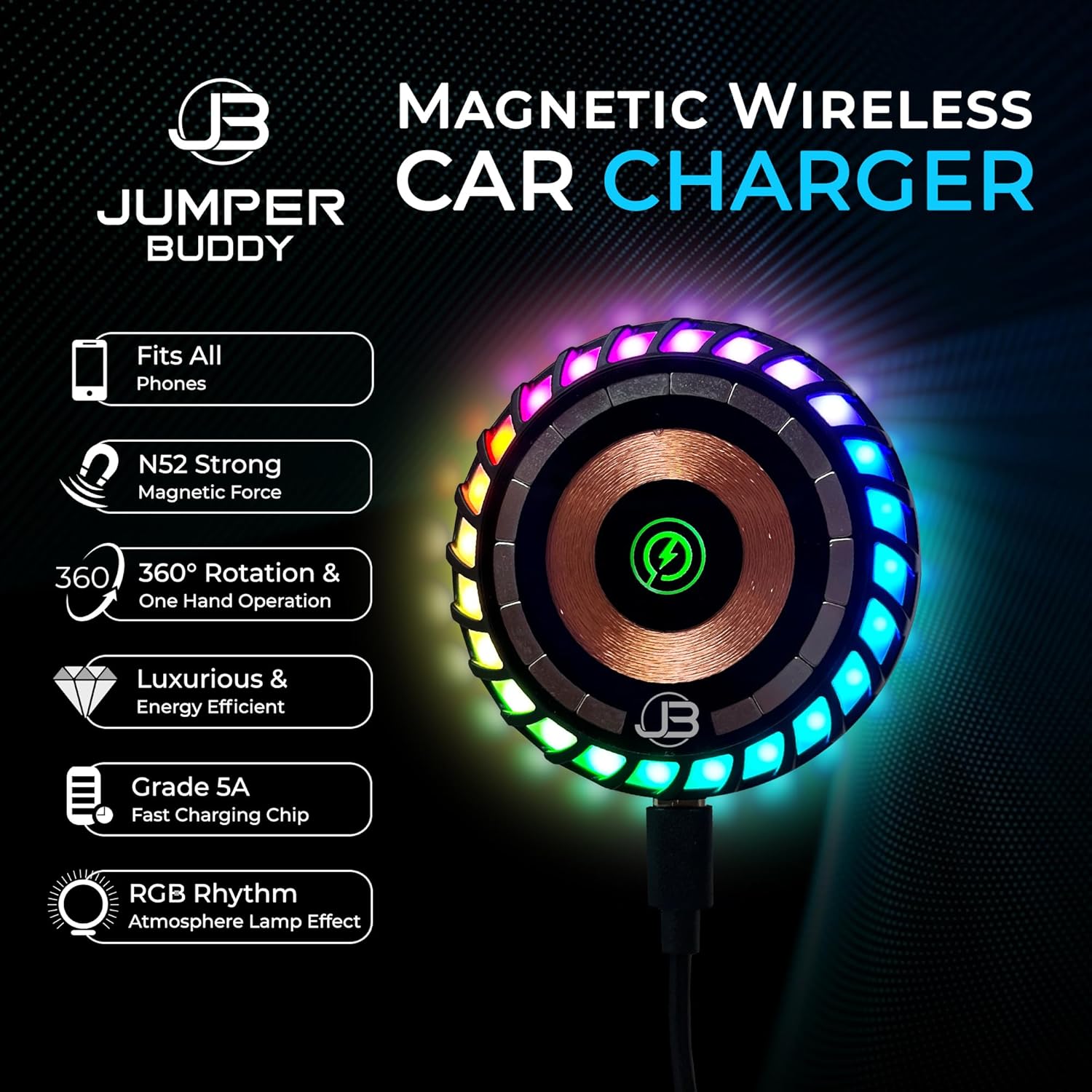 for MagSafe Magnetic Phone Mount Wireless Charger | Music Reactive Lights - Car Cell Phone Holder | Car Mount Universal Air Vent Clip Car Charger for iPhone 15/14/13/12, 360° Rotation