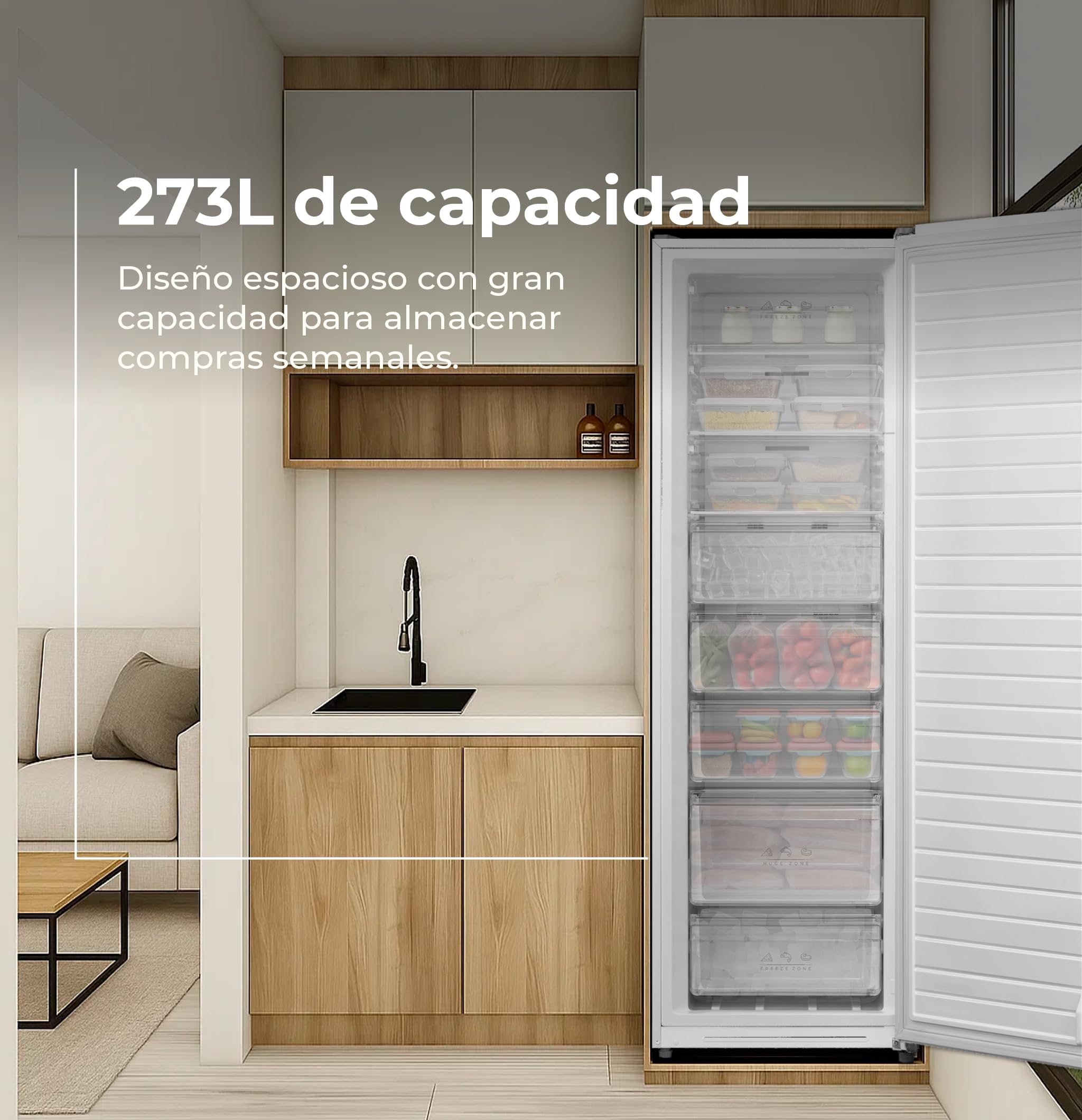 EVVO Congelador Vertical ICE 273 - Arcón Congelador Convertible a Frigorífico, 185cm de Altura, Capacidad de 273 Litros, Alarma Puerta Abierta, Puerta Reversible, Display Frontal, Acabado Blanco