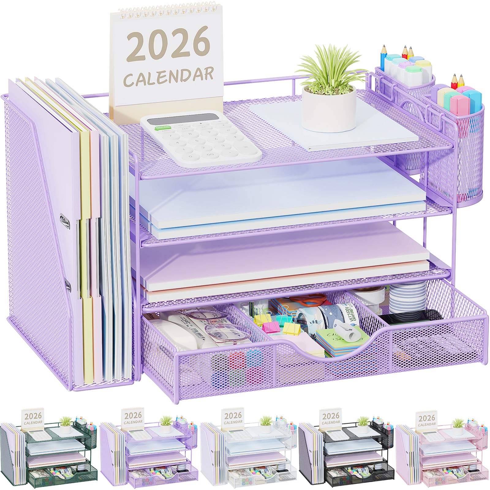 gianotter Desk Organizers and Accessories with File Holder, 4-Tier Desk Accessories &amp; Workspace Organizers with Drawer and 2 Pen Holder, Paper Organizer for Office Supplies (Purple)