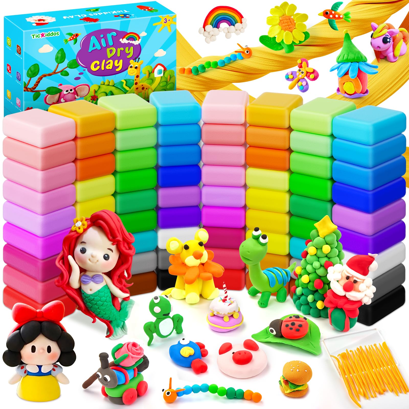 TicKiddos Air Dry Clay, 72 Bags 36 Colors Modelling Clay with 15 Tools, Soft Ultra Light Non-Sticky Magic Clay, Creative Art & Craft Kits, Gift for Boys and Girls Age 3 4 5 6 7 8 9 10 11 12