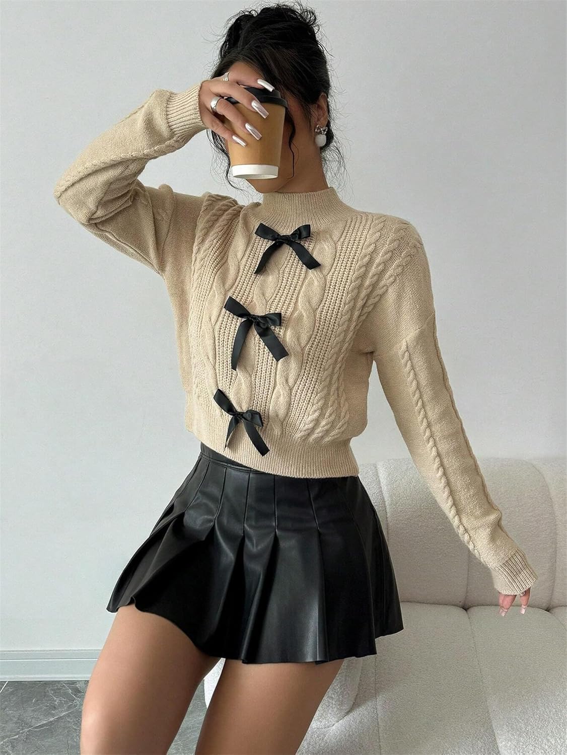 ZAFUL Women's Crew Neck Bowknot Decor Cable Knit Drop Shoulder Long Sleeve Casual Pullover Sweater - Image 5