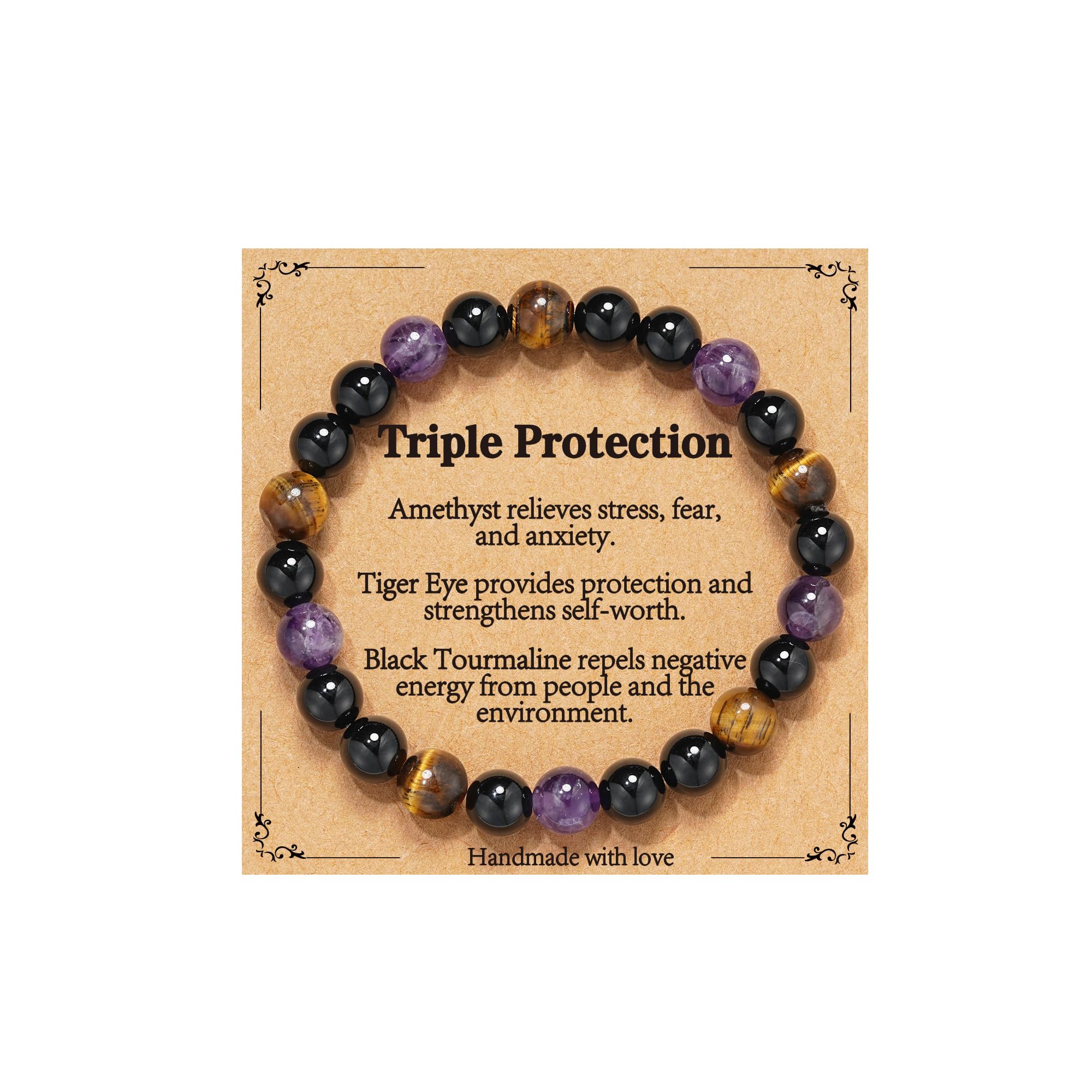 Gnamy Healing Crystal Bracelet for Women, Natural Stone Beaded Healing Crystal Bracelet Triple Protection Stress Relief Beads Jewelry Birthday Gifts Jewelry for Her