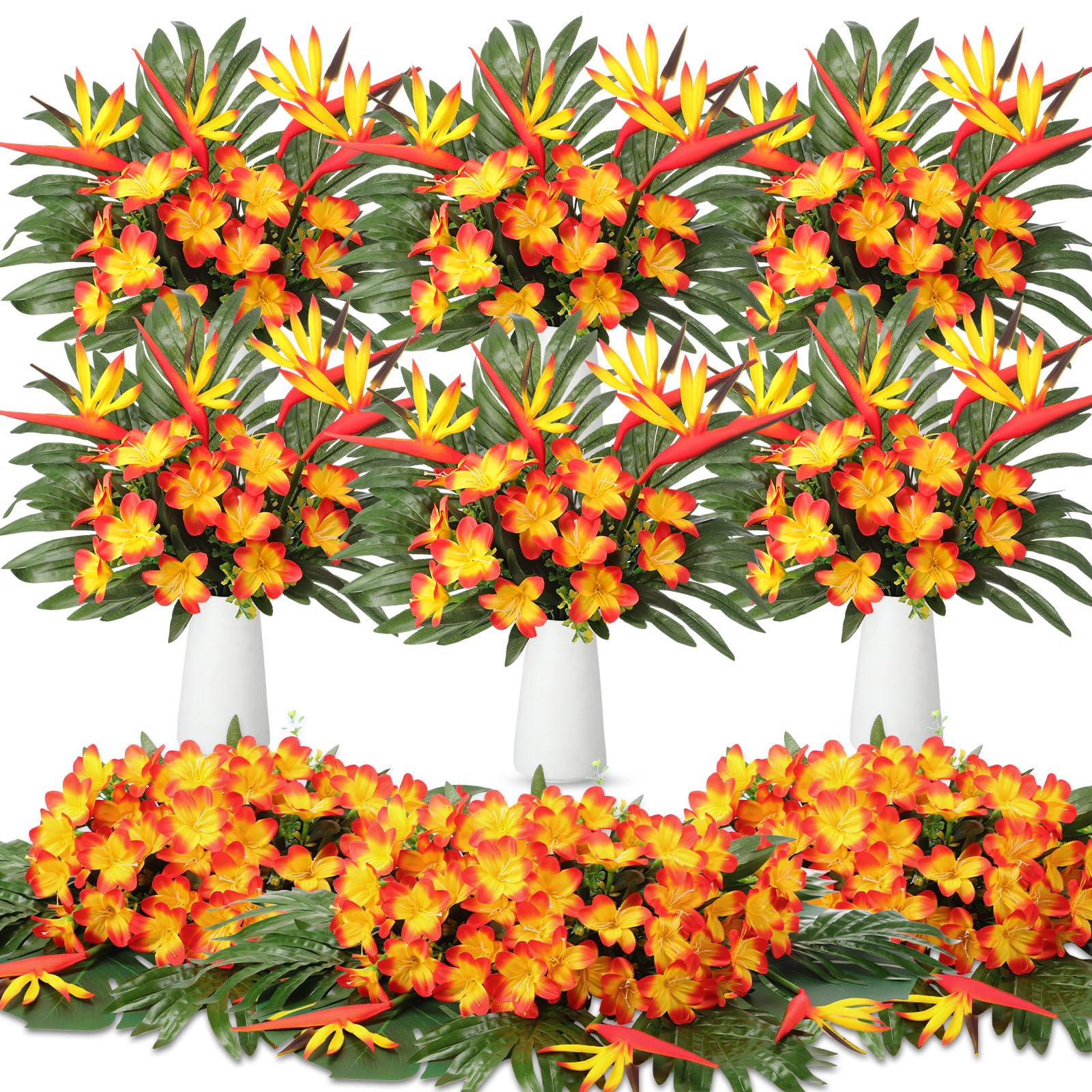 Hotop 32 Pcs Artificial Tropical Flower Bouquets Bulk for Hawaii Party Centerpieces Bird of Paradise Lily Bouquet Permanent Flower Tropical Imitation Plant for Party Office Home Decor (Sunset Red)